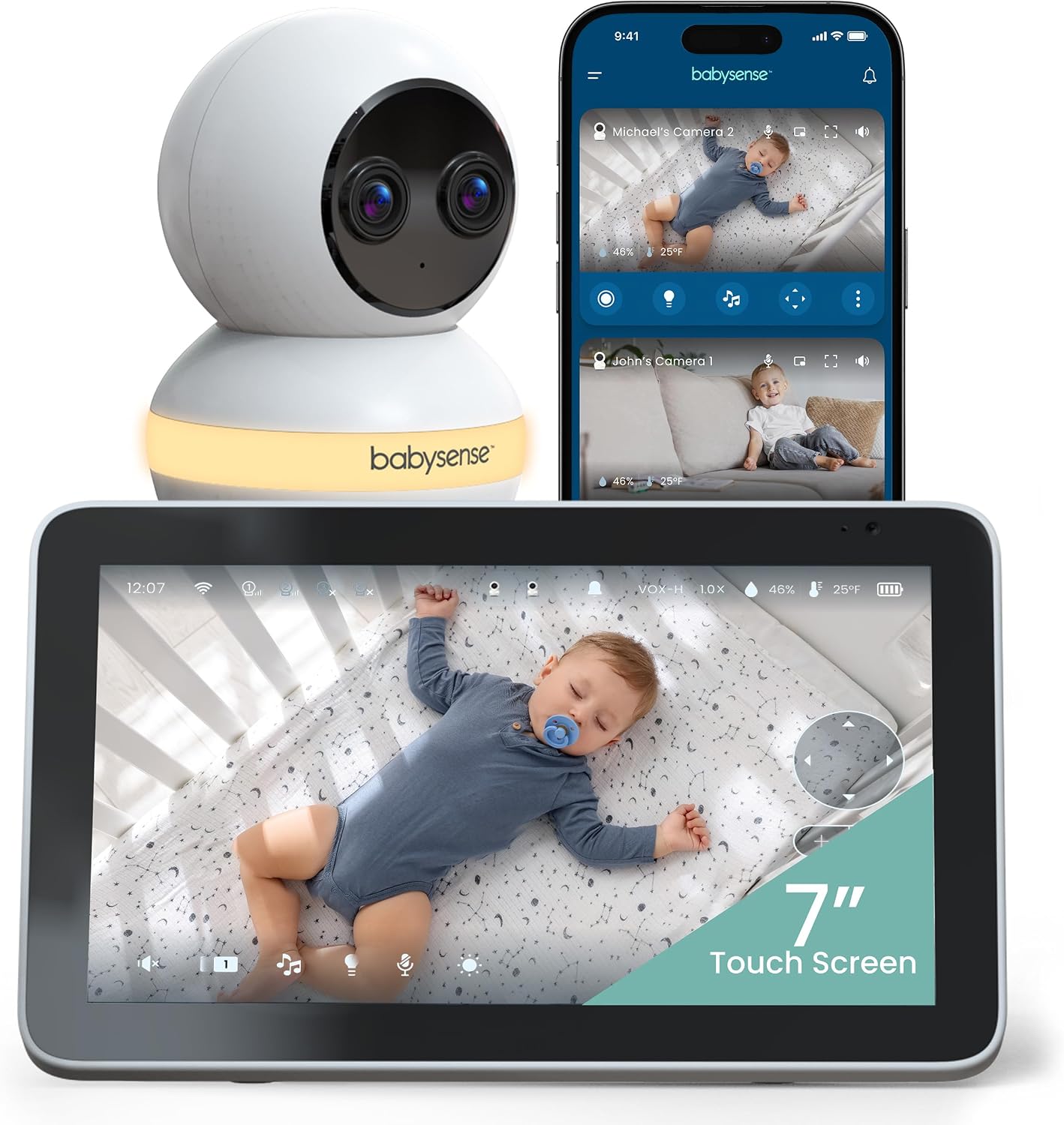Babysense Touch 7″ Touchscreen Smart WiFi Baby Monitor with App, Camera and Audio, Night Light, 4MP Dual-Lens with 6X Zoom, AI Auto Tracking, Focus Area, Split-Screen, VOX/ECO Mode, No Subscription