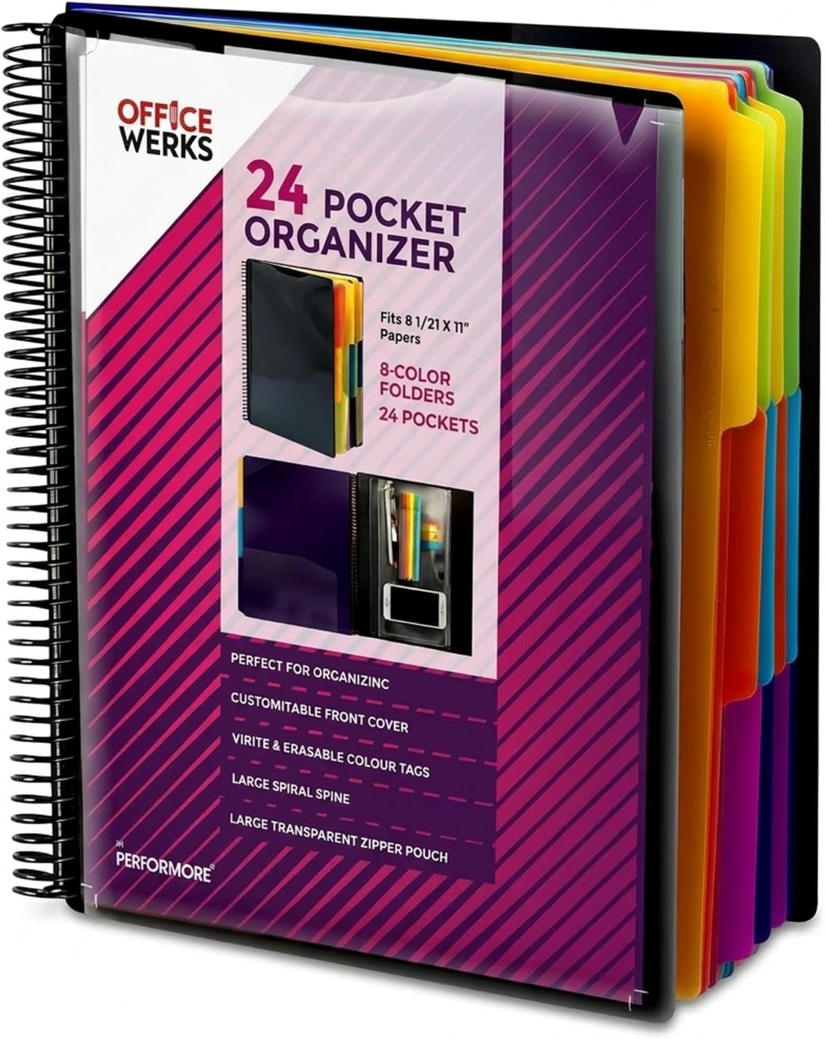 24 Pocket Spiral Project Organizer with 12 Dividers, Letter Size Folder | Water-Resistant Polypropylene, Color-Coded Tabs, Zipper Pouch, Lays Flat, File Folder Organizer for Bills and Documents