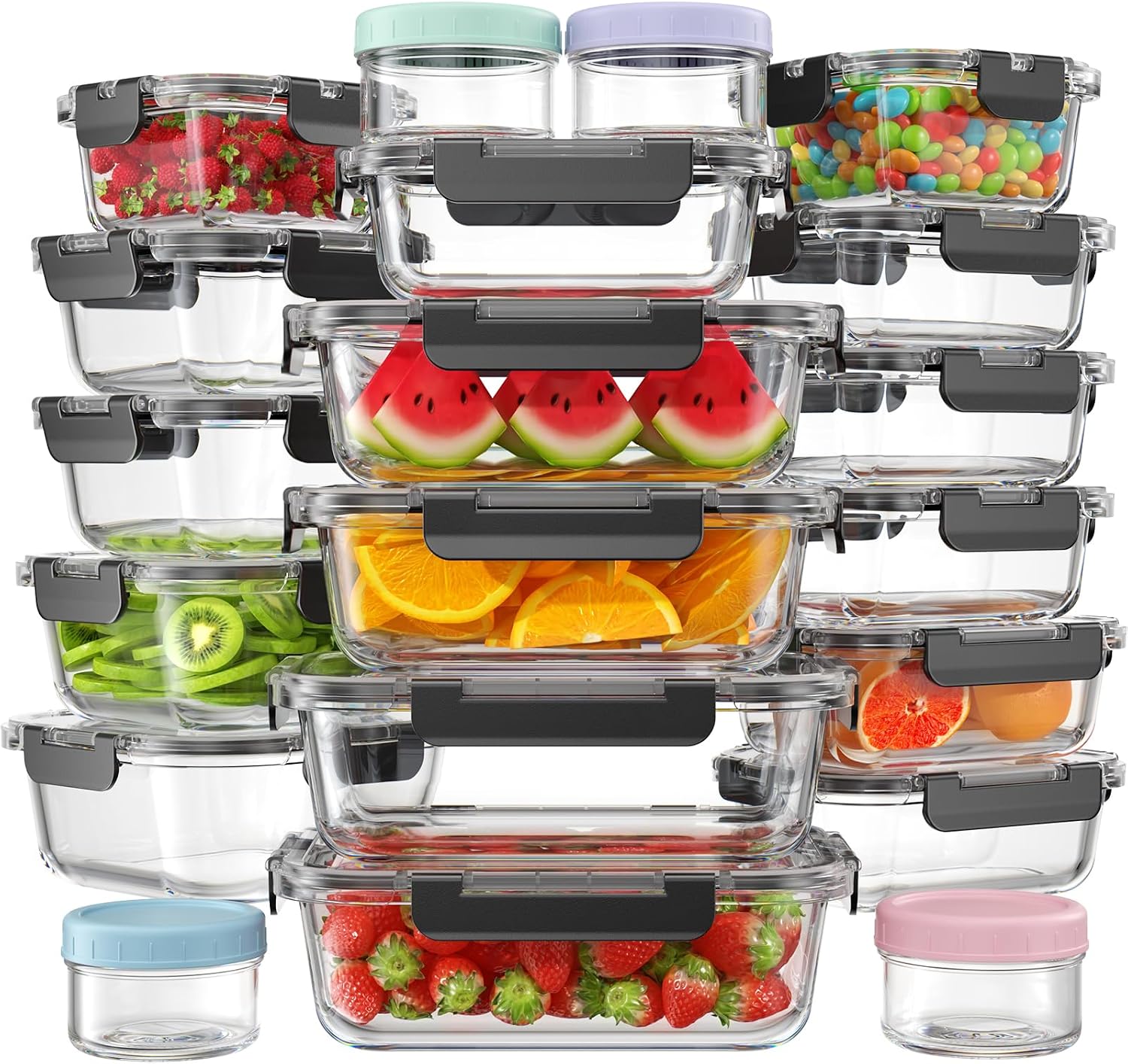 KEMETHY 40 PCS Glass Food Storage Containers with Lids(20 Container & 20 Lid), Borosilicate Glass Meal Prep Containers for Kitchen Storage and Organization, BPA-Free, Leak Proof, Reusable