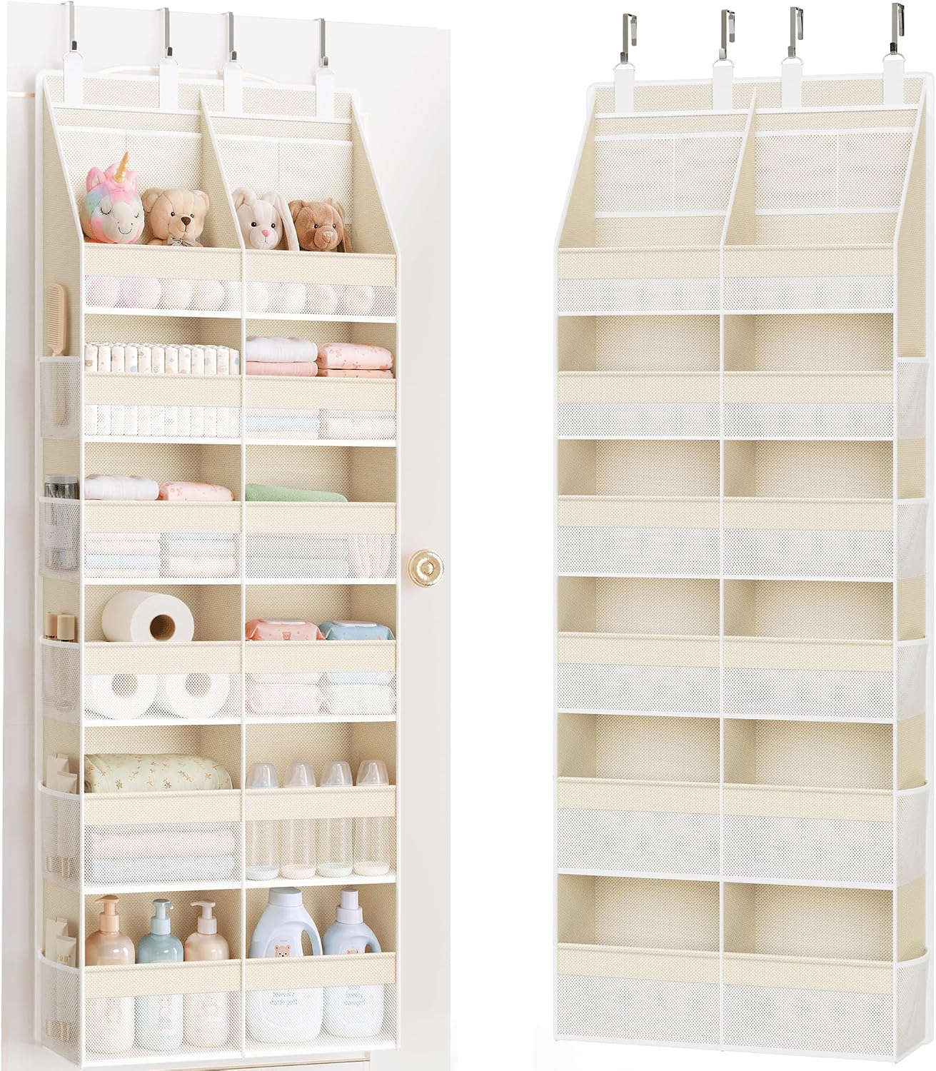 Criusia Over the Door Organizer, Extra Large 12 Compartments Closet Hanging Storage with 14 Mesh Pockets, 85lbs Capacity Behind the Door Storage for Baby Nursery, Bathroom, Bedroom, and Dorm, Beige