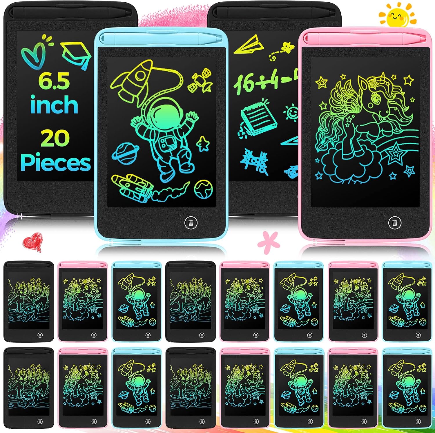 Zhehao 20 Pcs Lcd Writing Tablet for Kids 6.5 Inch Colorful Doodle Board Writing Board Erasable Reusable Drawing Pads Educational Learning Toys Birthday Gifts for Girls Boys Age 3-8(Black, Blue, Pink)