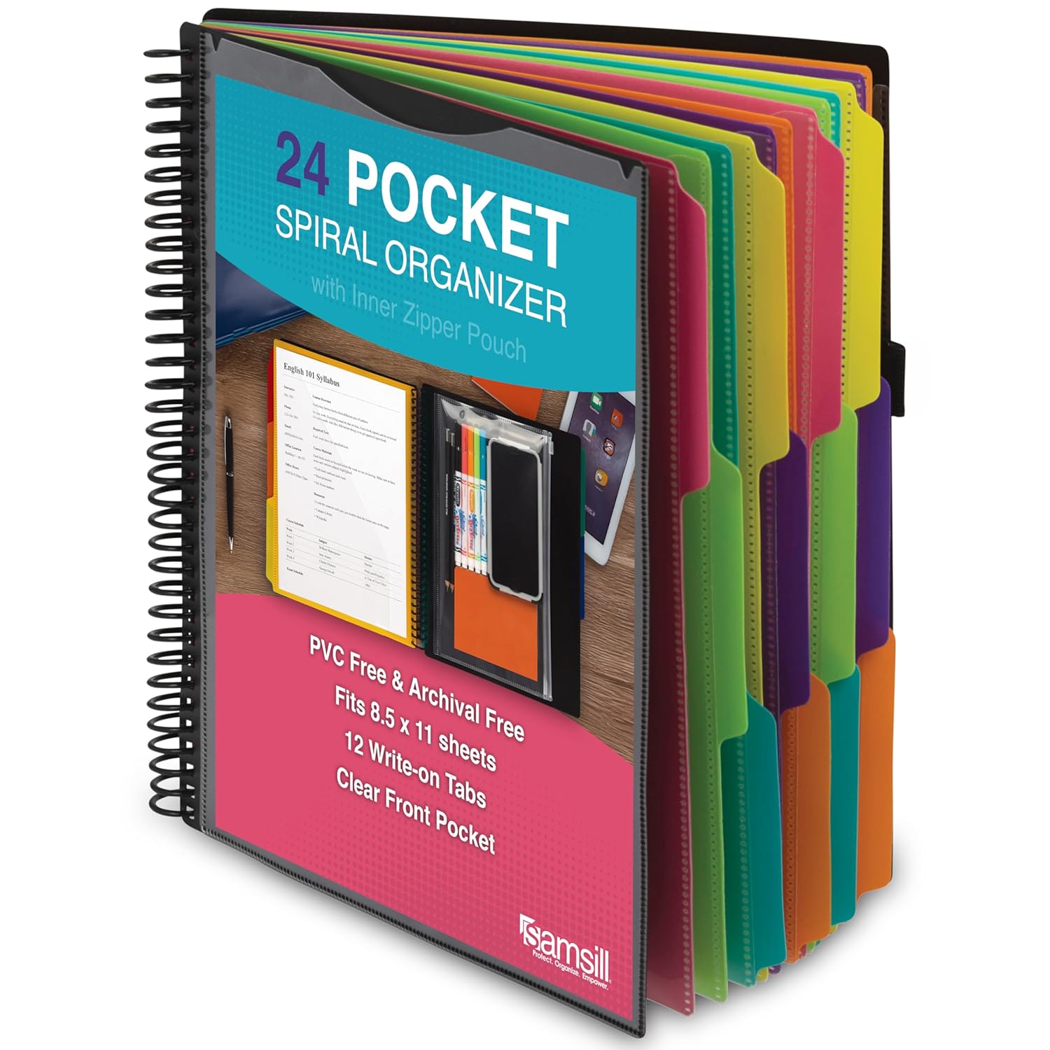 Samsill Spiral Folder Organizer – 12 Dividers & 24 Pockets with Zipper Pouch, Multi Pocket Color Coordinated Folder with Customizable Tabs, Document Organizer (Fashion)