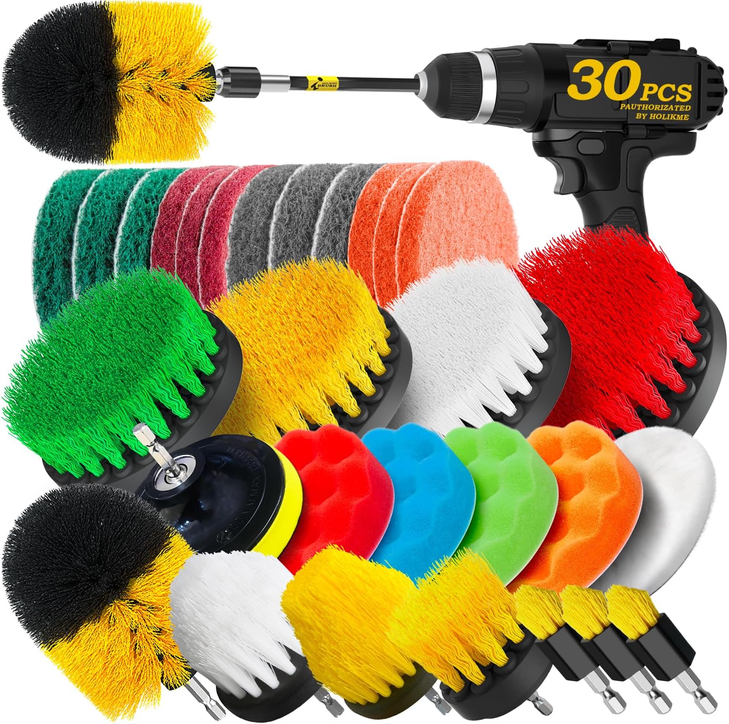 Holikme 30Piece Drill Brush Attachment Set – Power Scrubber Cleaning Kit | Buffing Sponges, Nylon Grout Tools, Tile Bathtub Shower Floors Kitchen Car Interior Detailing, Cleaning Supplies