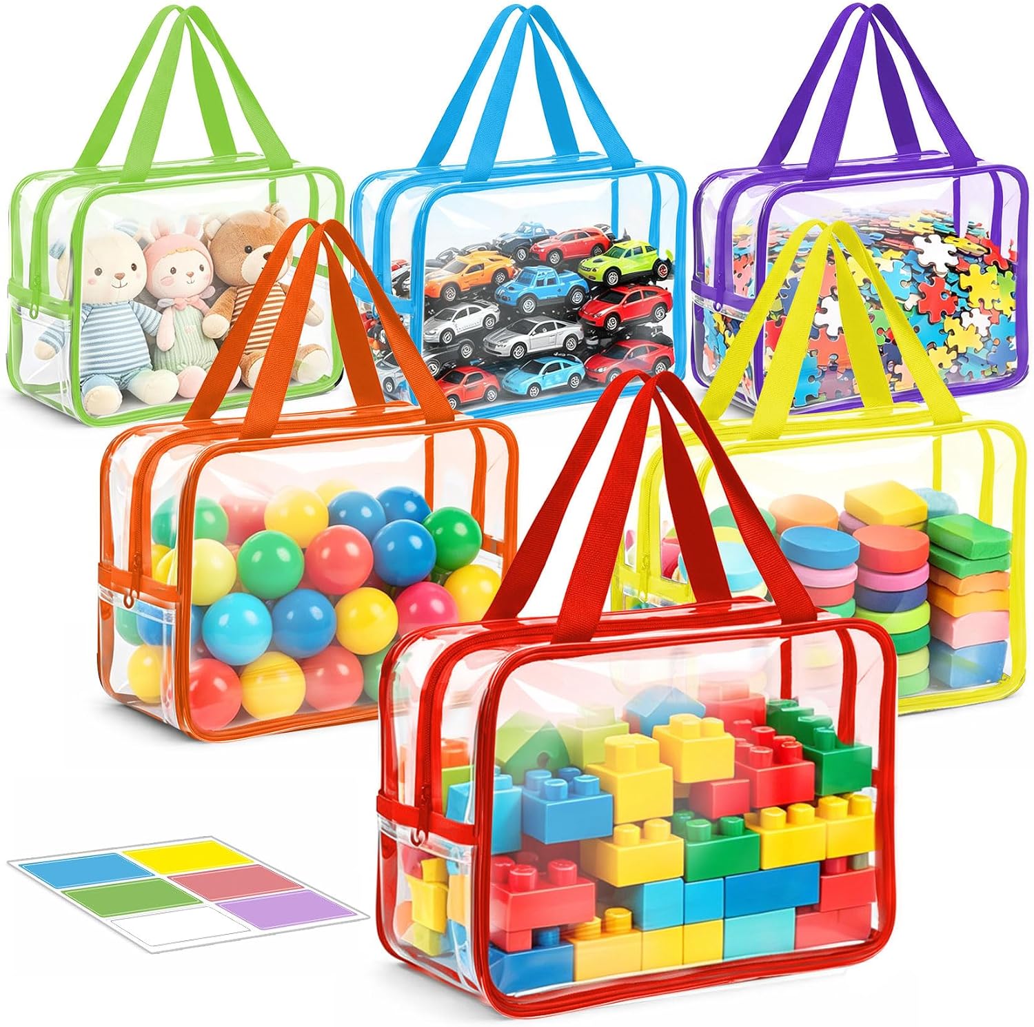 6 Packs Large Toy Storage Bags, Reusable Clear PVC Storage Bags with Zipper, Travel Waterproof Organizer Bags for Puzzles, Building Blocks,Board Game, Kids Books, Stationery(Colorful)