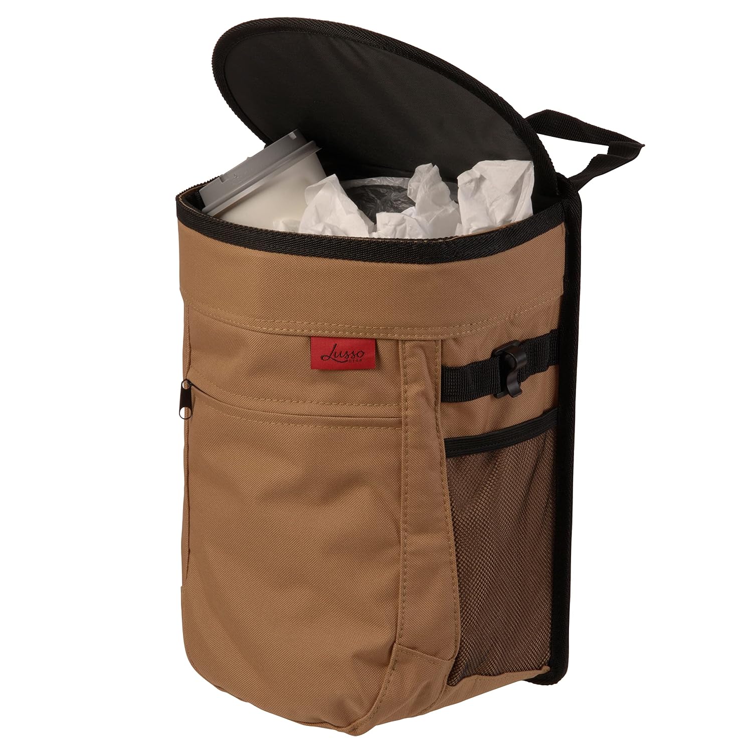 Lusso Gear Spill-Proof Car Trash Can – Easy to Clean Hanging Garbage Bin – Leak-Proof Lid, Removable Liner, Waterproof – Keeps Truck, SUV, Car, Minivan Clean & Odor Free – 2.5 Gallon Tan Car Trash Can
