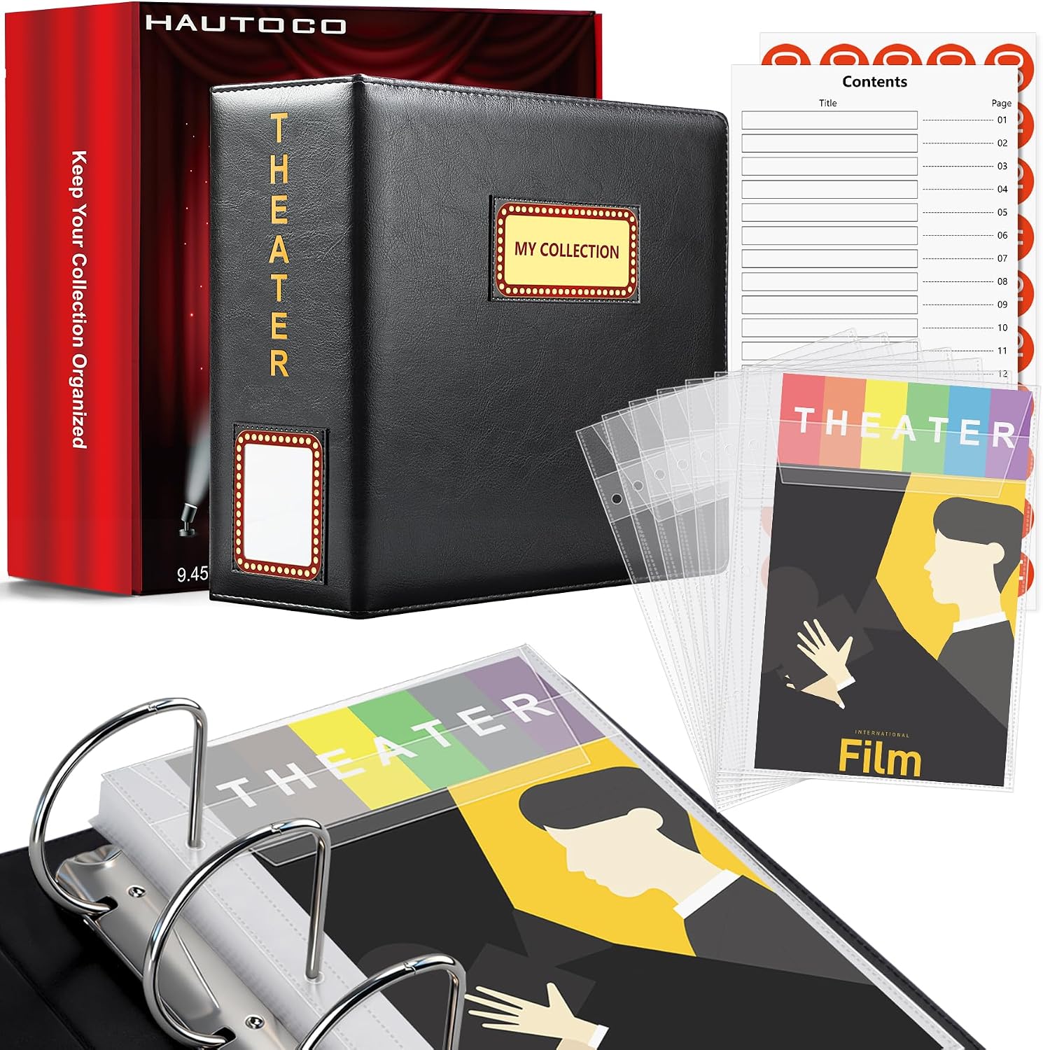 HAUTOCO Show-Bill Binder with Sleeves Theater Program Holder with Contents Page 36 Sheet Top Flap Protectors and Numbering Stickers, D-Ring Binder Organize 8.5″ x 5.5″ Broadway Show-Bills, Black