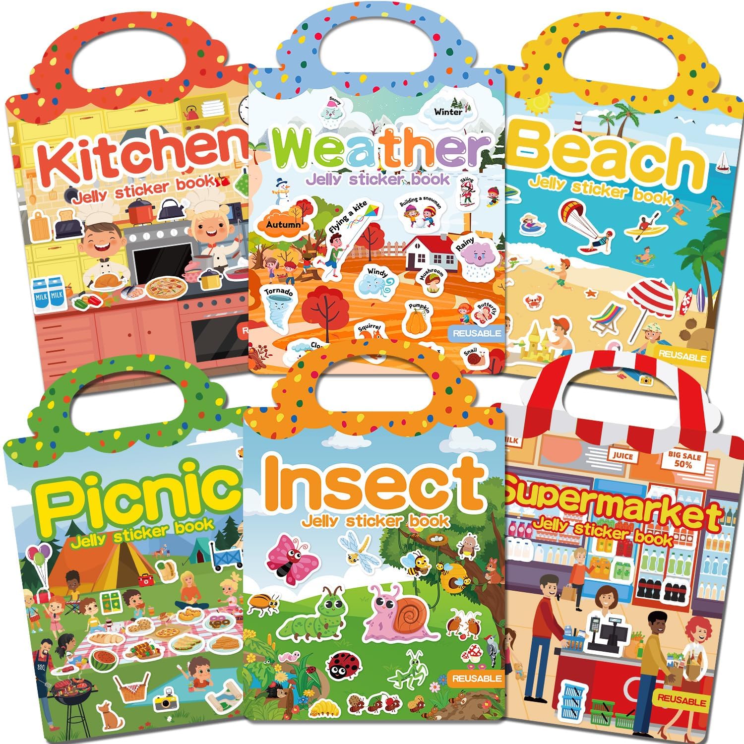 6 Sets Reusable Sticker Book for Toddlers 3-6, Jelly Sticker Books for Toddler, Travel Sticker Activity Toys for Kids 3 4 5 6 Years Old Girls & Boys