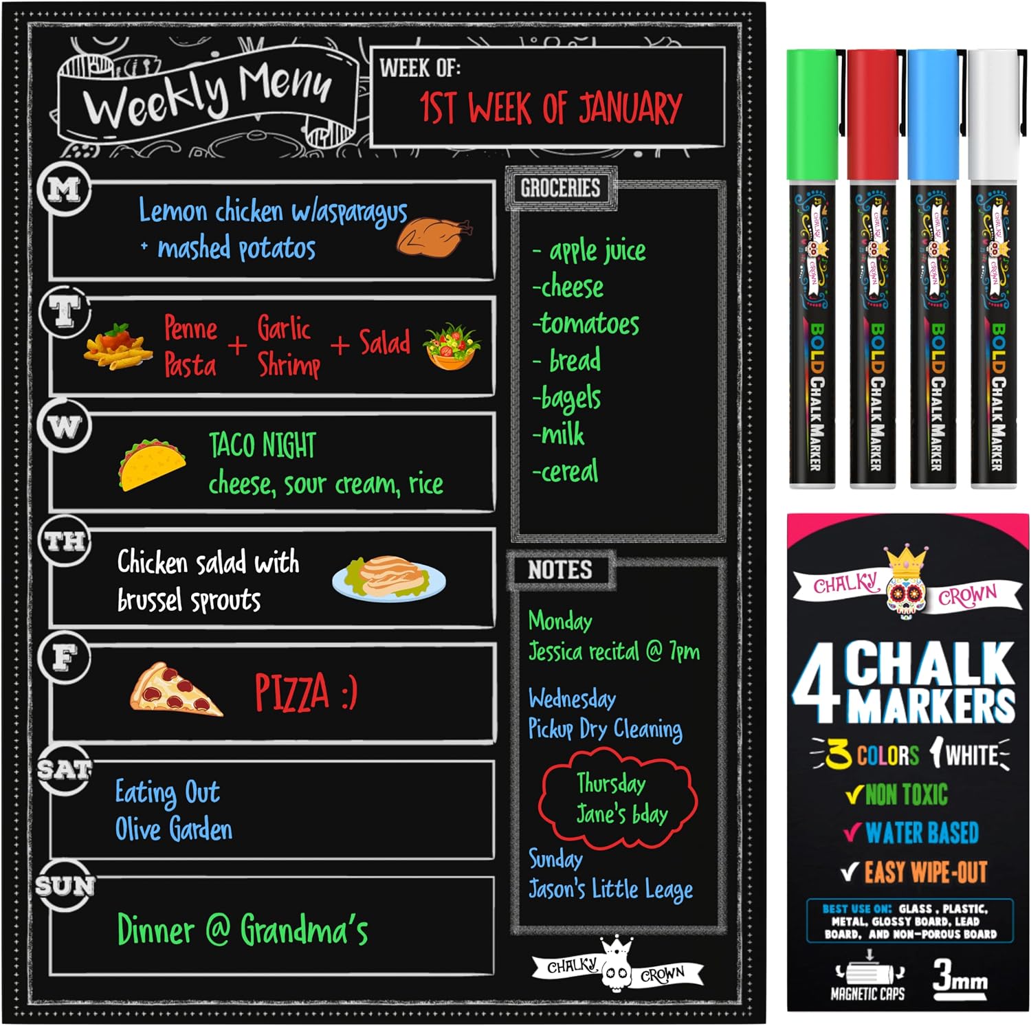CHALKY CROWN Magnetic Dry Erase Menu Board – Black – 15.6″ x 11.6″