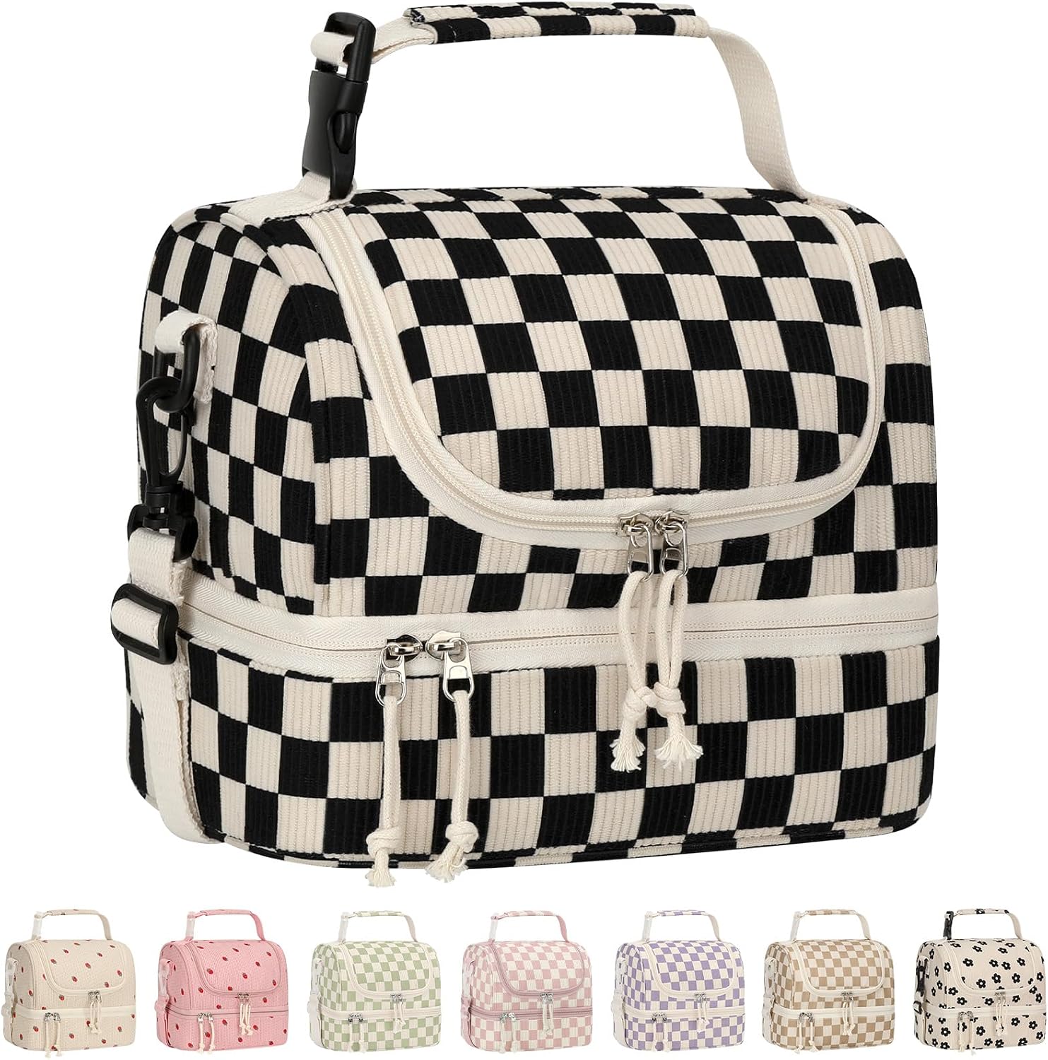 Vankor Corduroy Lunch Box Kids Soft Insulated Lunch Bag Black Checkered | Double Decker, Cute, Kids Lunch Box for Teen Girls Boys, Reusable, Portable, Thermal Lunch Tote for School Picnic Travel