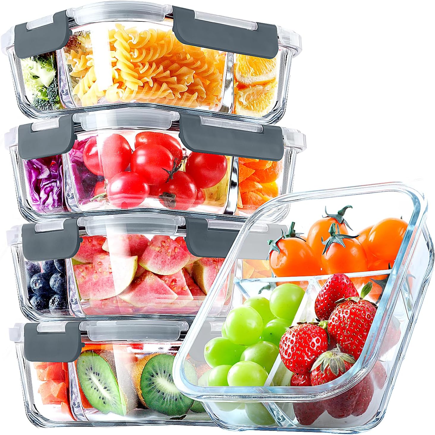 VERONES 5 PACK 36 OZ Glass Food Storage Containers 3 Compartment Set, Grey | Glass Meal Prep Containers, Airtight Glass Lunch Containers with Lids, for Microwave, Oven, Freezer & Dishwasher Friendly