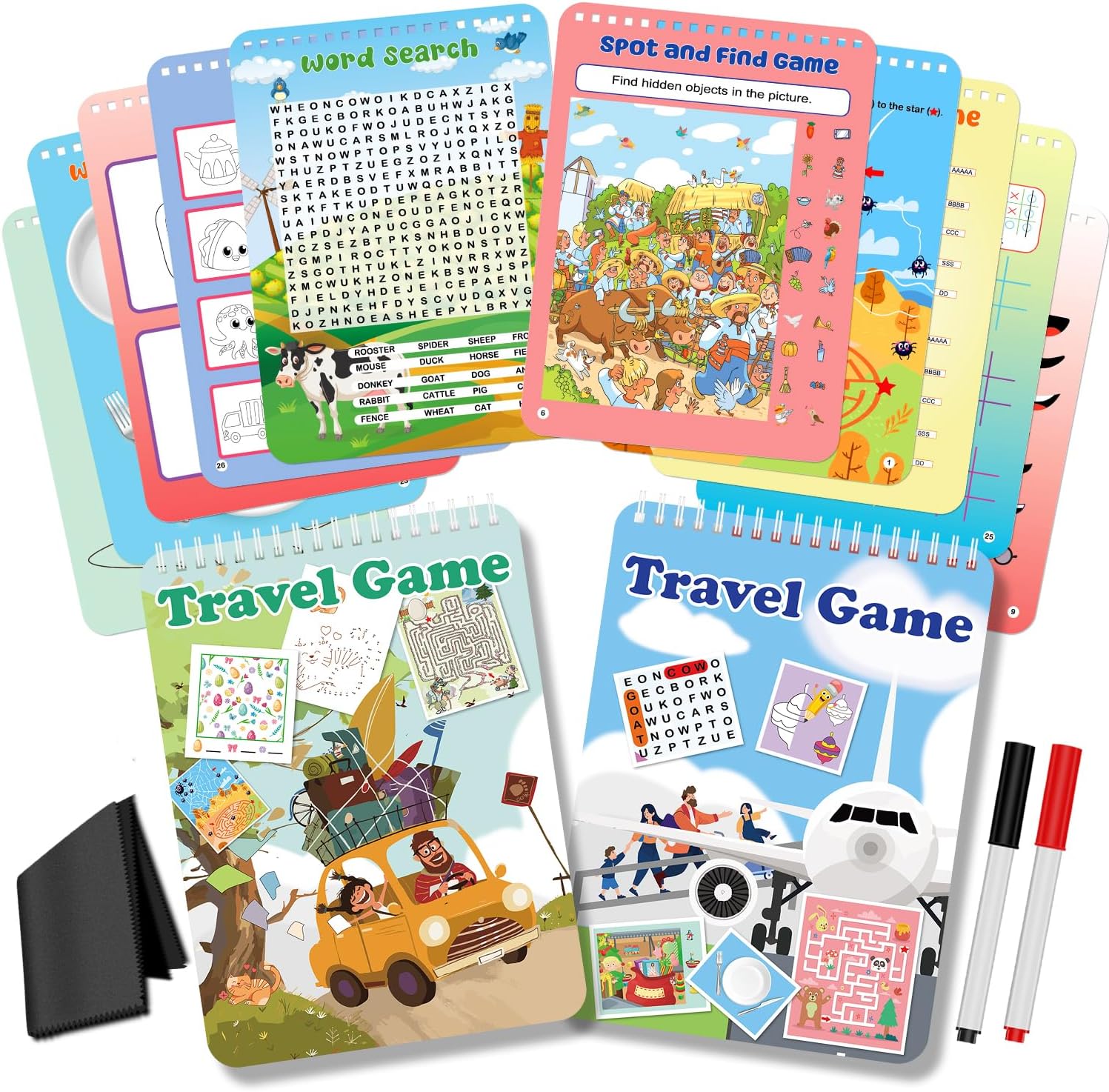 Elfew 2 Pack Reusable Travel Games Activity Books for Kids Ages 4-8, 8-12 | Include 2 Markers, 56 Different Brain Games, Waterproof, Spiral Binding, Toy & Learning Tool for Road Trip Airplane Activity