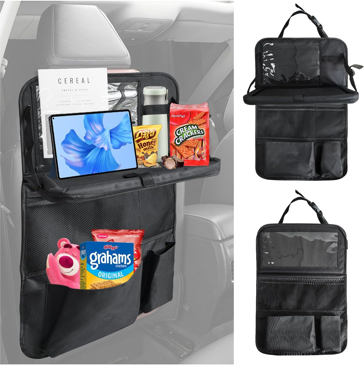 Car Backseat Organizer with Tablet Holder, 9 Storage Pockets with Foldable Food Tray, Kick Mats Back Seat Cover for Kids Road Trip Essentials Travel (1 Pack)