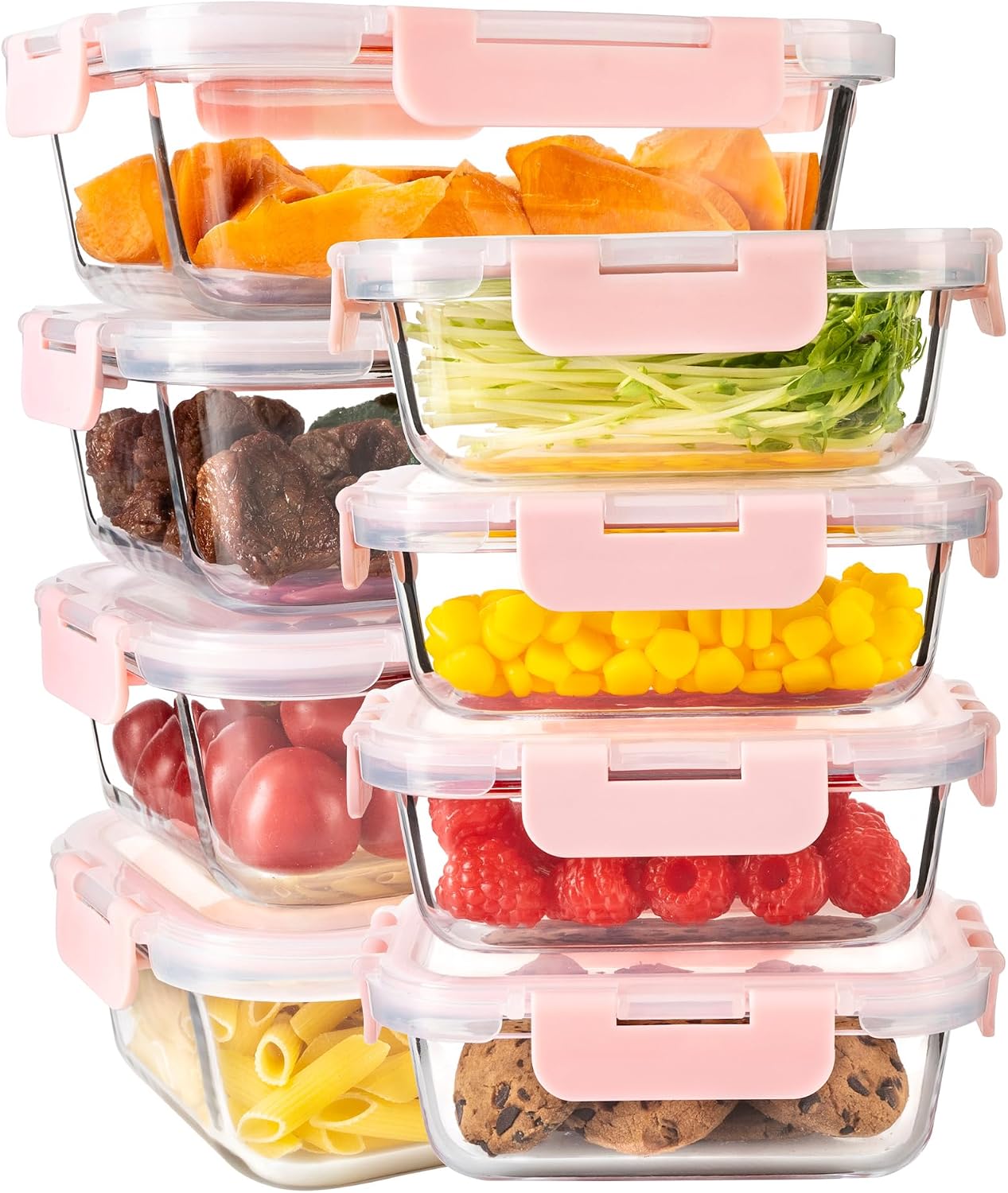 16Pack Glass Meal Prep Containers 8 Bowls with 8 Airtight Pink Lids 2 Sizes | Borosilicate glass food storage set for lunch, leftovers & portion control — microwave/freezer/dishwasher safe, leak-proof