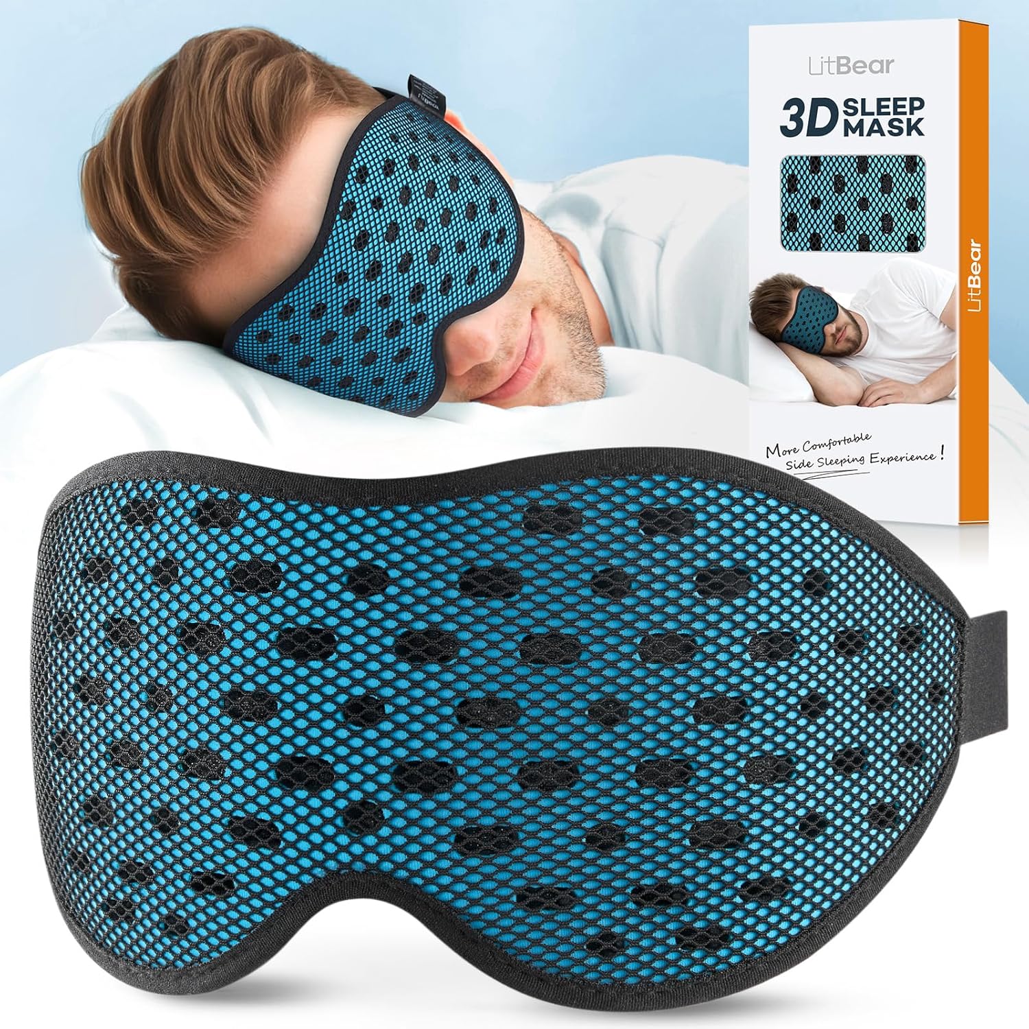 LitBear Breathable Sleep Mask, 3D Eye Mask Sleep for Side Sleepers Women Men, Light Blocking Sleeping Mask with Adjustable Strap, Soft Lightweight Eye Cover for Travel, Night Work, Nap, Office – Blue