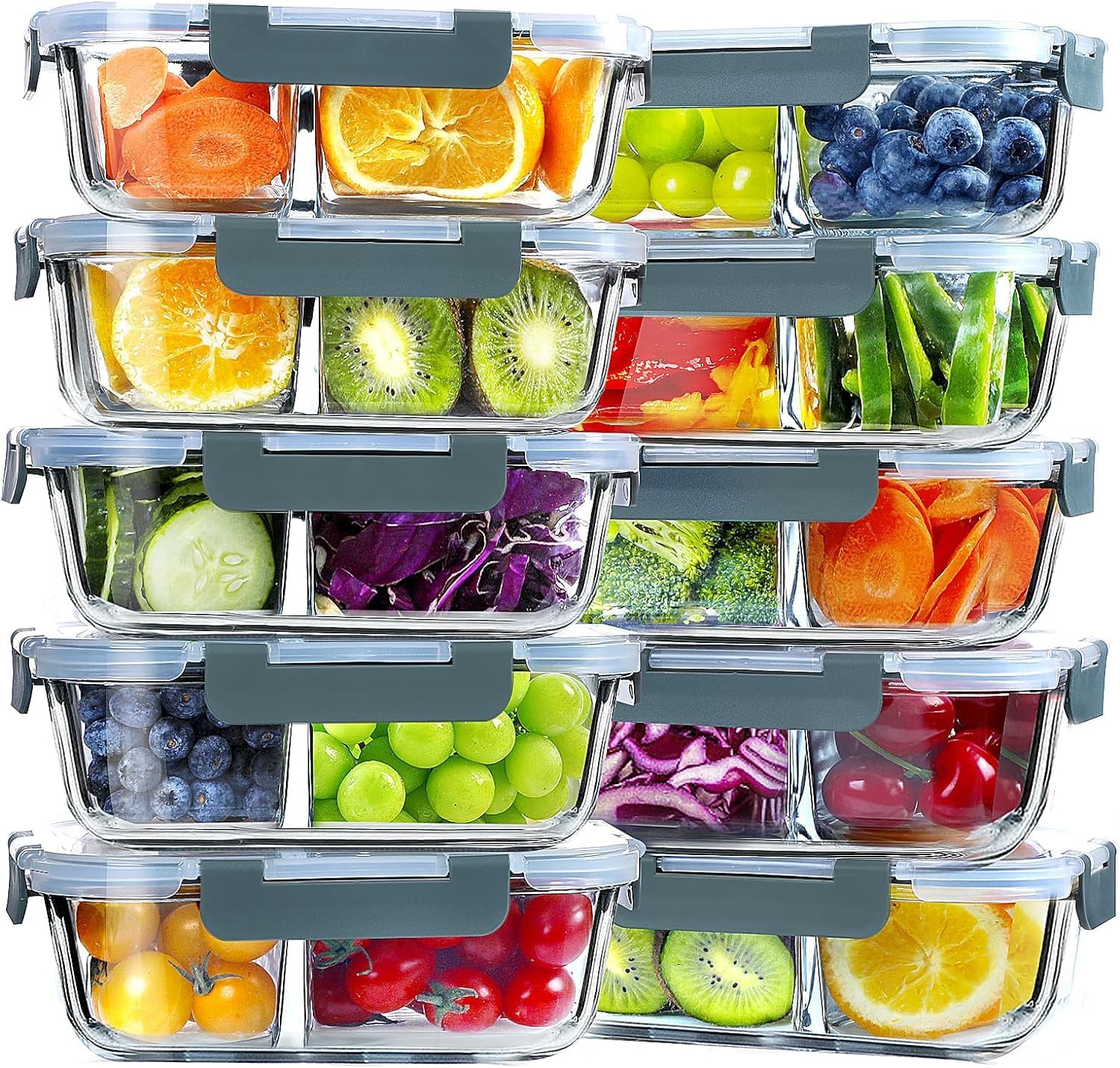 VERONES 10 PACK 30 OZ Glass Meal Prep Containers 2 Compartment Set, Grey | Airtight Glass Lunch Containers, Glass Food Storage Containers with Lids, for Microwave, Oven, Freezer & Dishwasher Friendly