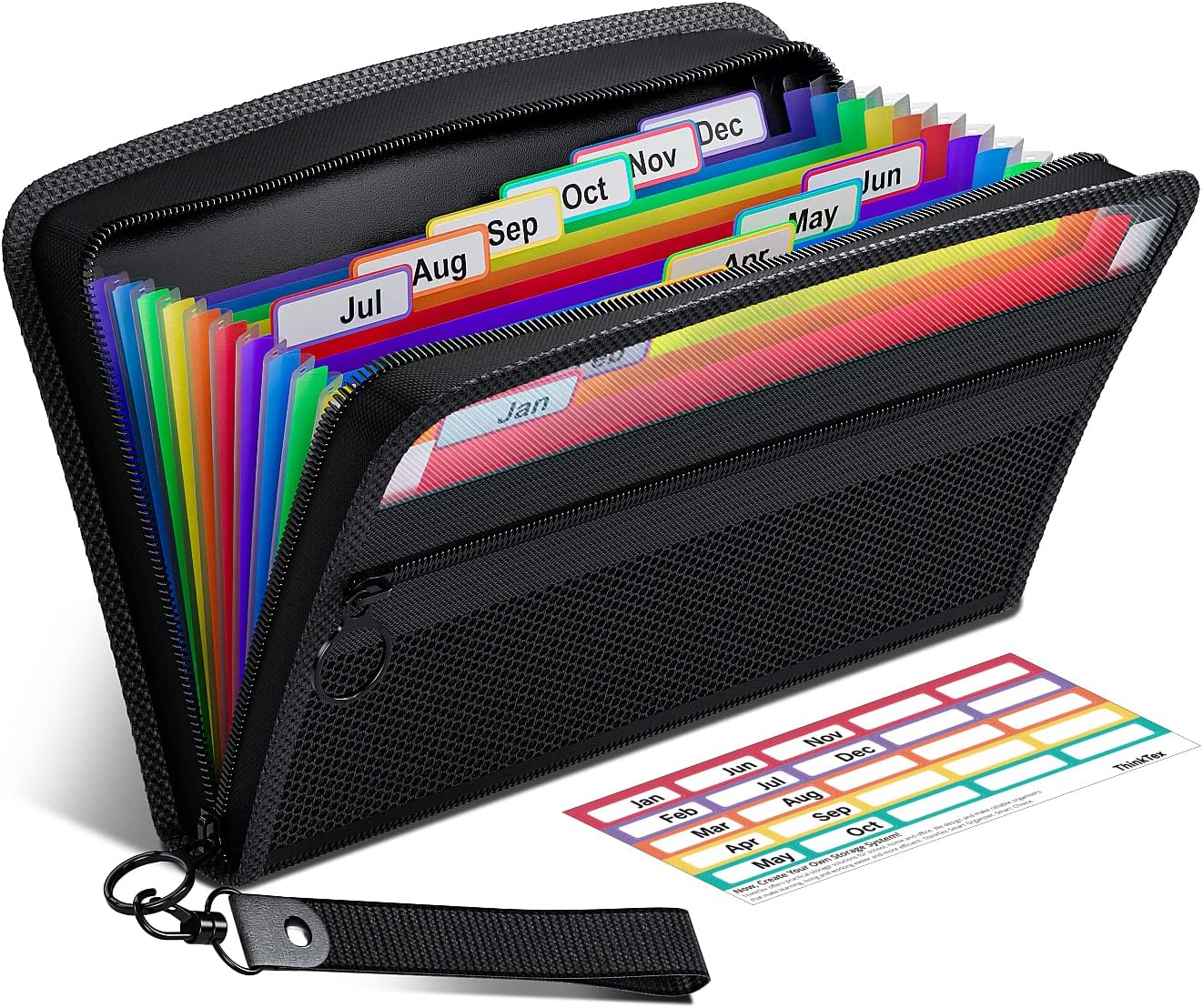 ThinkTex 11 x 6.6 Receipt Coupon Organizer, 12-Pocket Accordion Folder | Receipt Organizer for Business, Zipper Closure, Multi-Color Tabs