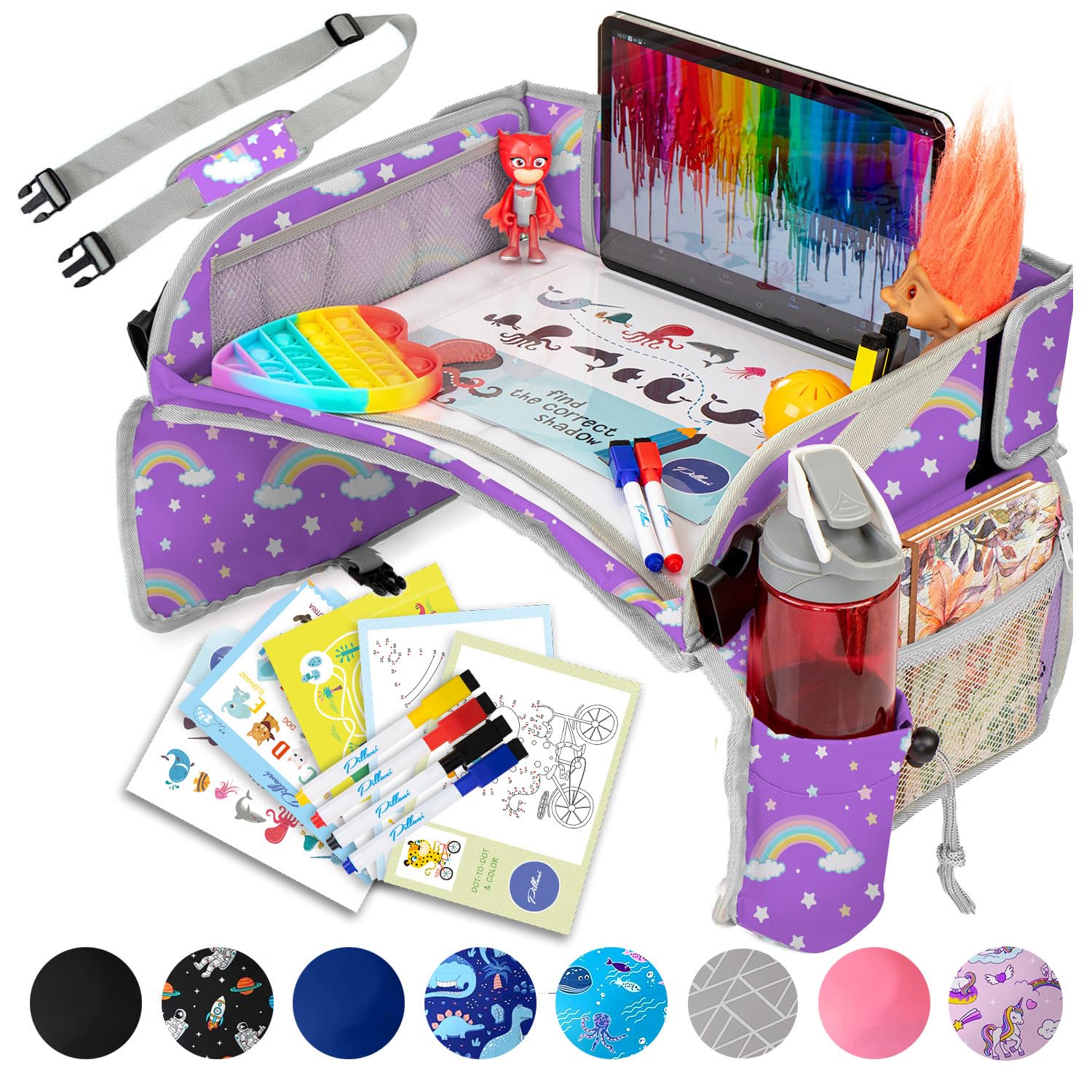 PILLANI Kids Travel Tray for Car – Car Seat Tray for Kids w/ Tablet & Cup Holder – Toddler Travel Activities for Car & Airplane – Road Trip Essentials & Must Haves – Carseat Table Roadtrip Activities