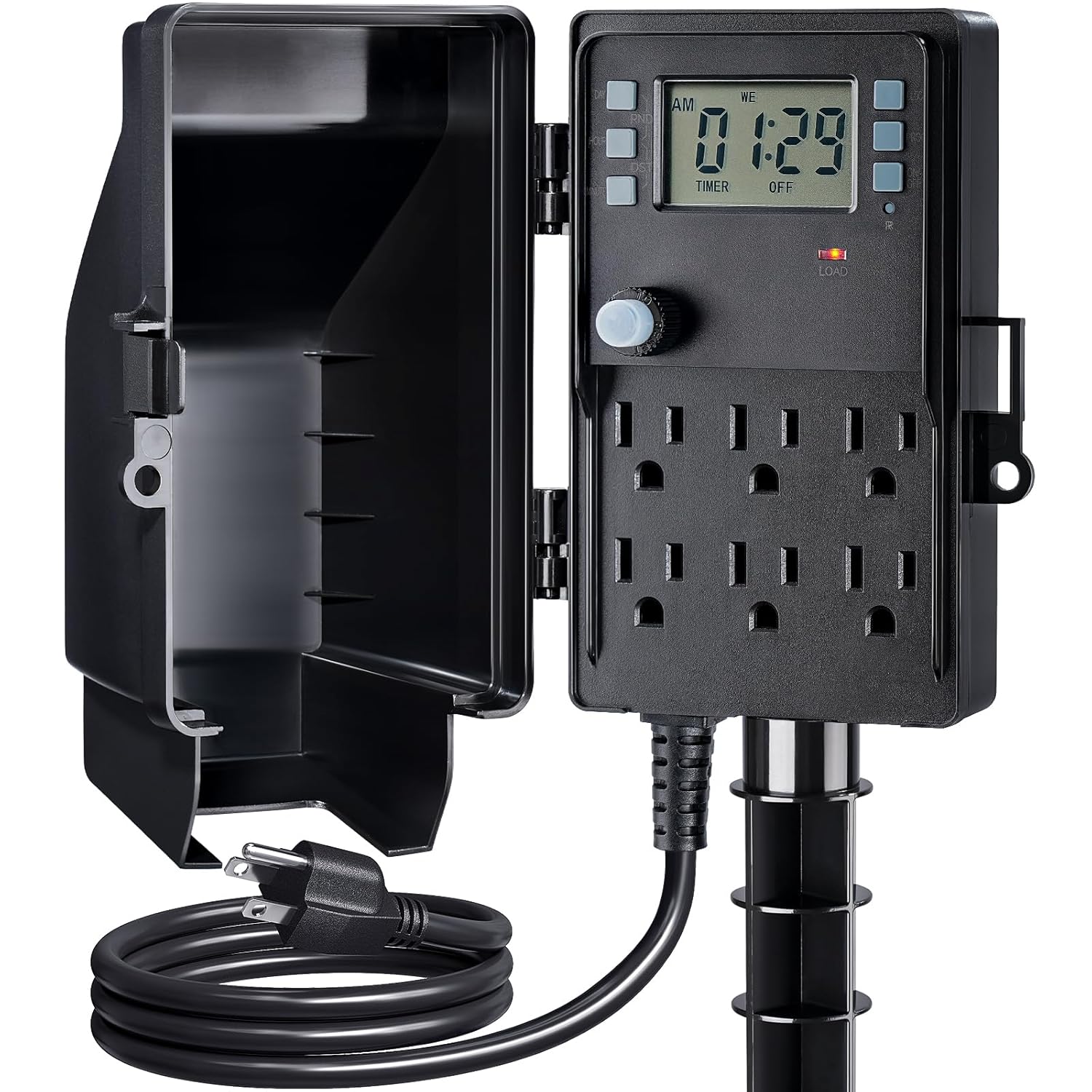 Outdoor Power Stake Waterproof,7-Day Programmable Digital Timer | Power Strip Weatherproof, 6 Multi Plug Electrical Outlet, 6 ft Extension Cord for Outside Light, Halloween Decoration