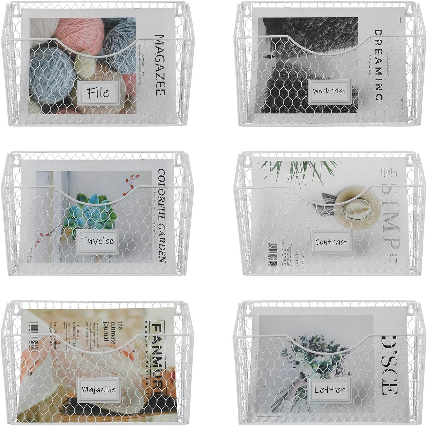 PAG 6 Pockets Hanging File Holder Wall Mount Mail Organizer Metal Chicken Wire Magazine Rack with Tag Slot, White