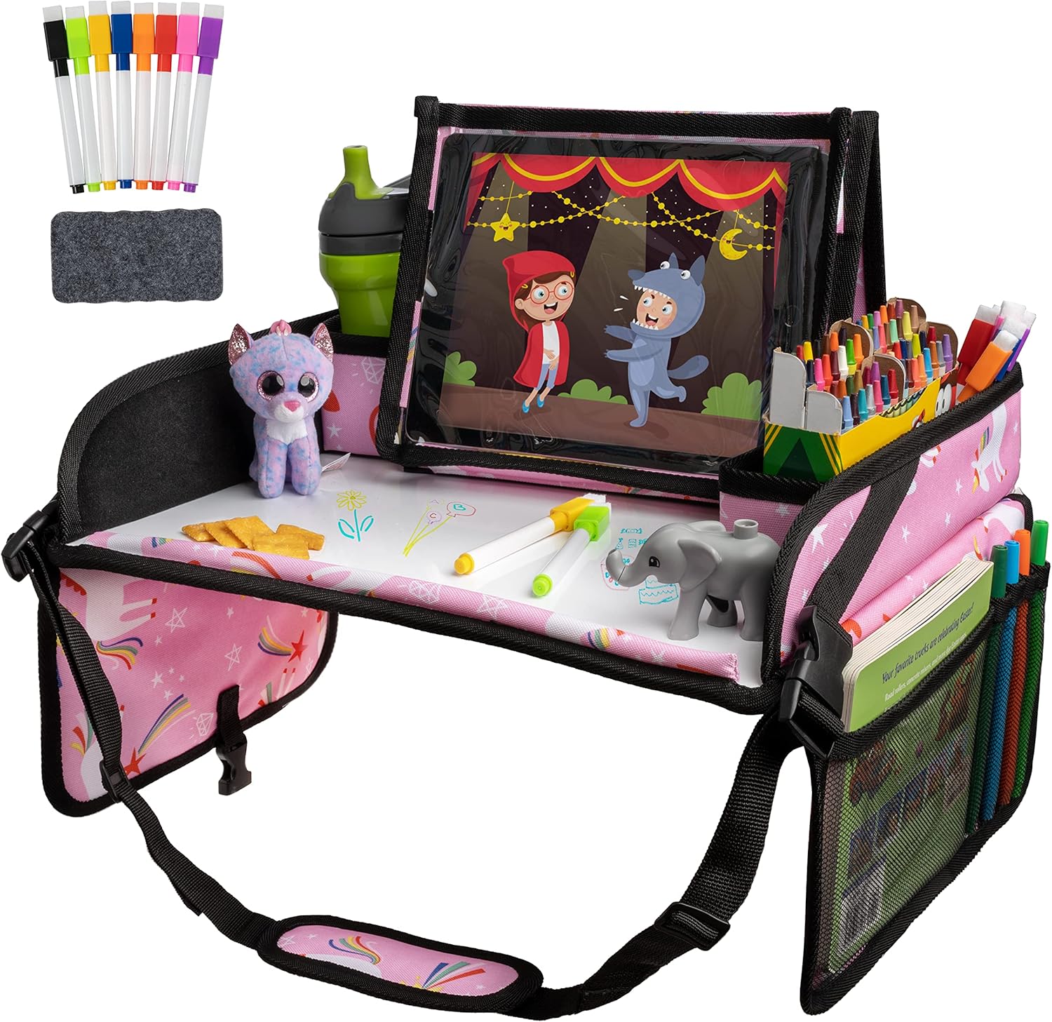 Lusso Gear Travel Car Seat Tray – Dry Erase Board & Secure Tablet Holder for Toddler Travel – Durable 600D Oxford Cloth with Snack & Toy Compartments for Road Trip Essentials for Kids – Pink Unicorn