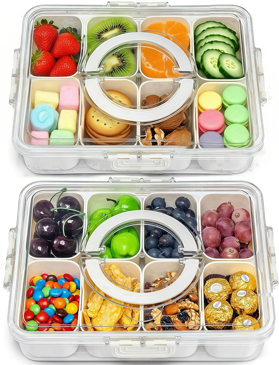 Pure Future 2-Pack Snackle Box Containers with Handles – Divided Serving Tray with Lids, 8 Compartments Charcuterie Box for Travel, Movie Nights & Parties (Hand Wash Only)