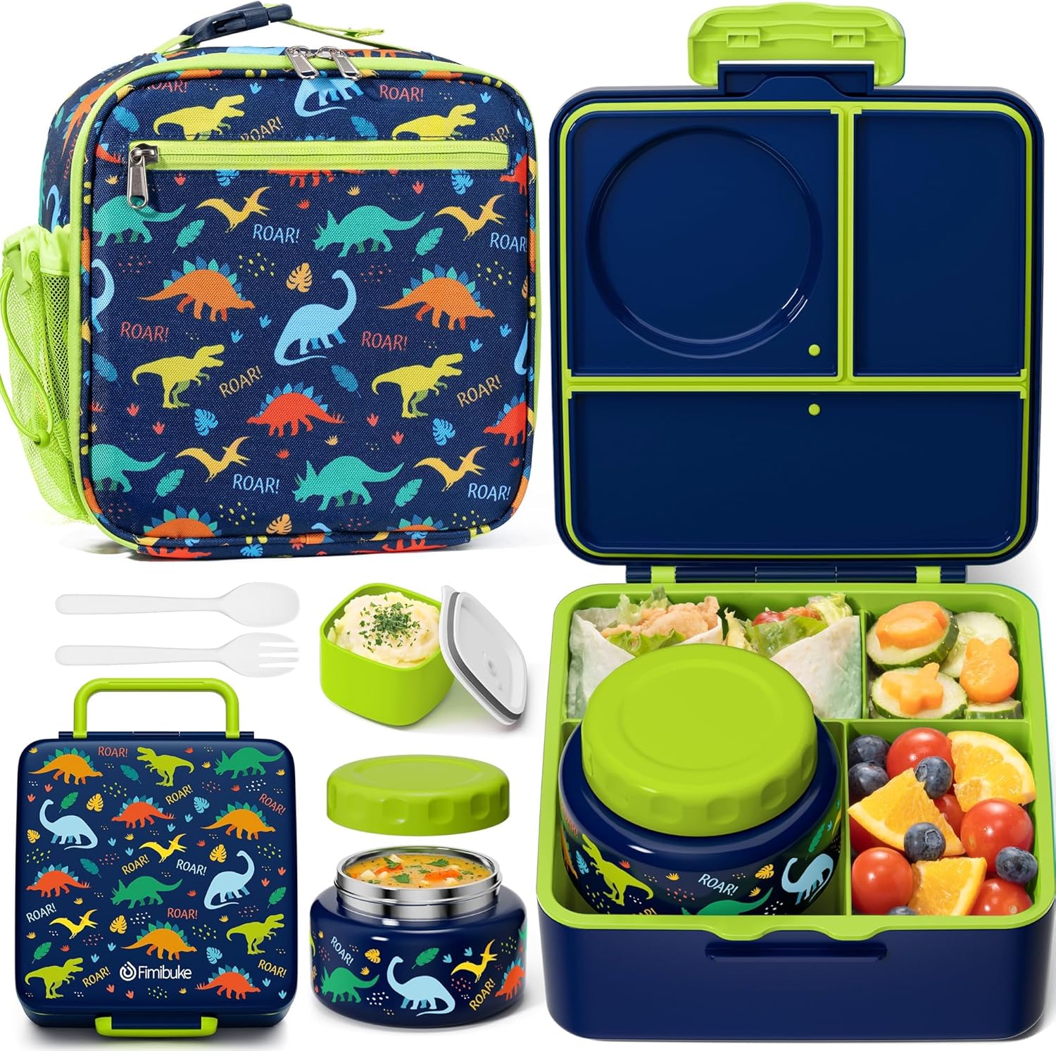 Fimibuke Kids Bento Lunch Box with Thermo, Leakproof Toddler Bento Box | Keep Food Cold Leak Proof BPA Free 4 Compartment Lunch Container with Utensils for Girl Boy School, Microwave Dishwasher Safe