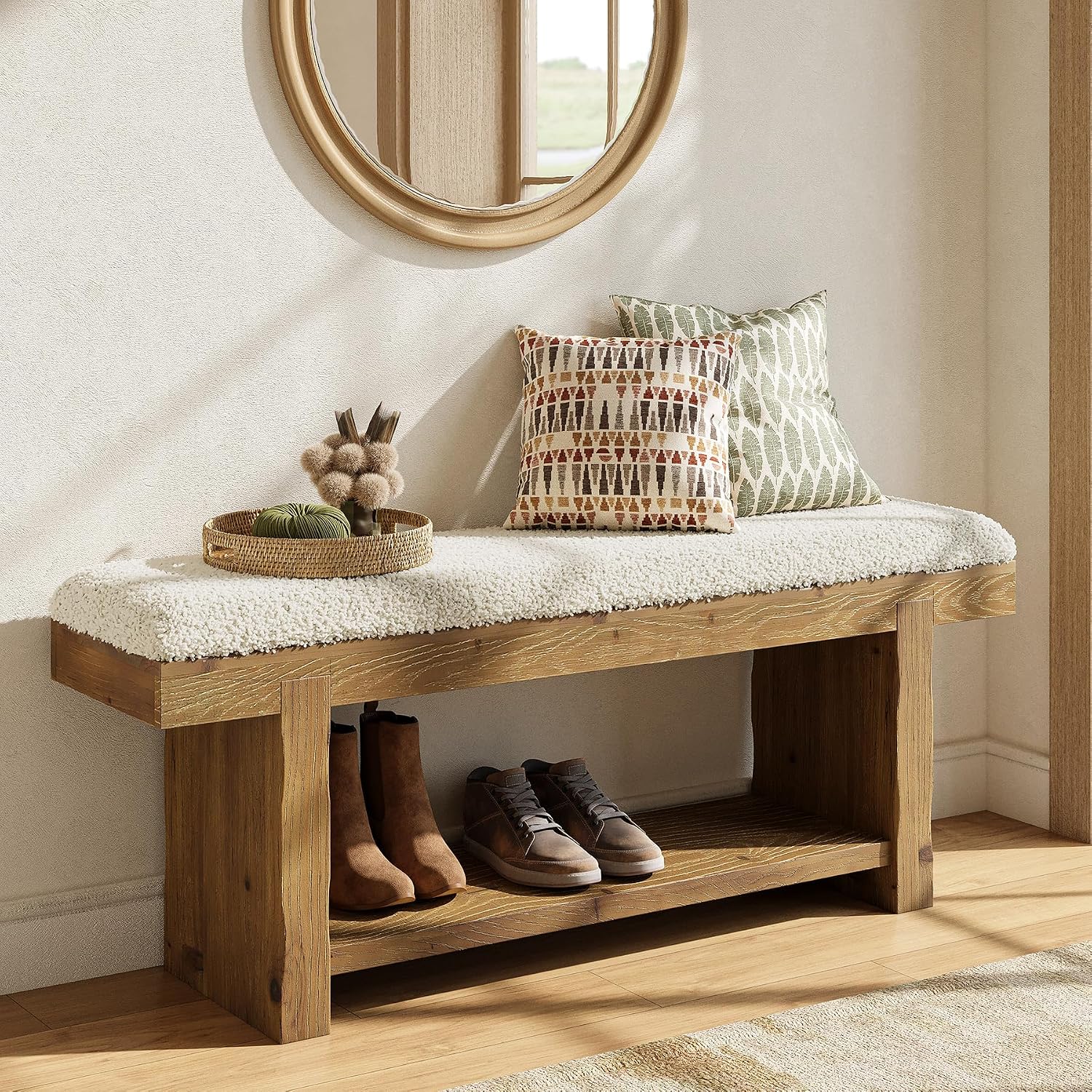 47.2-Inch Solid Wood Entryway Bench, 2-Tier Farmhouse Upholstered Bedroom Bench with Storage Shelf, Narrow Bench for Bedroom, Entryway, Mudroomn