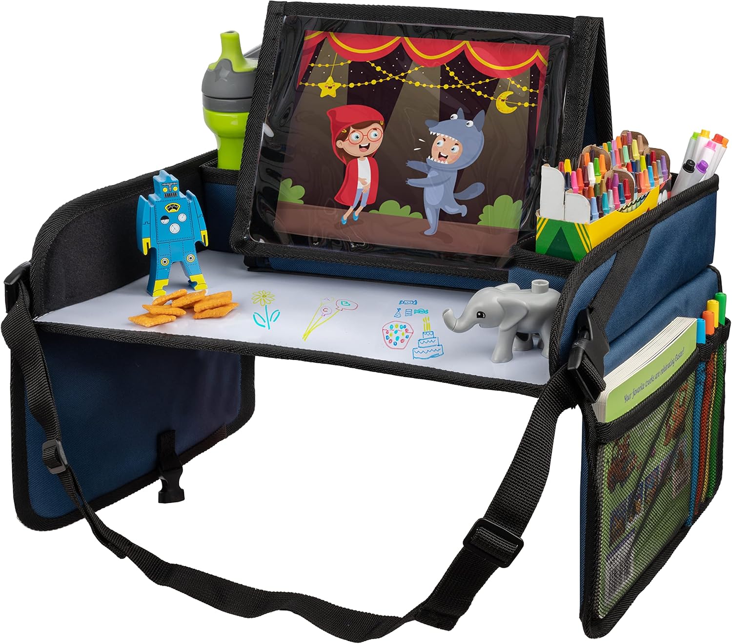Lusso Gear Kids Travel Tray for Car – Road Trip Essentials for Kids – Car Seat Tray for Travel – Toddler Travel Lap Desk and Organizer – Holds Snacks, Water Bottle, Toys (Blue)