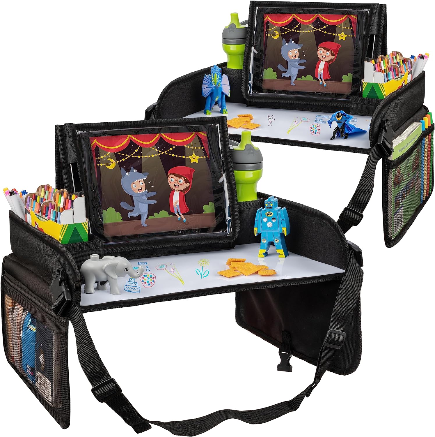 Lusso Gear Kids Lap Desk Tray (Value 2 Pack) – Mesh Pockets & Cup Holder for Car Travel Essentials – Car Seat Tray for Kids Travel & Tablet Holder – Dry-Erase Surface for Road Trip Activities – Black