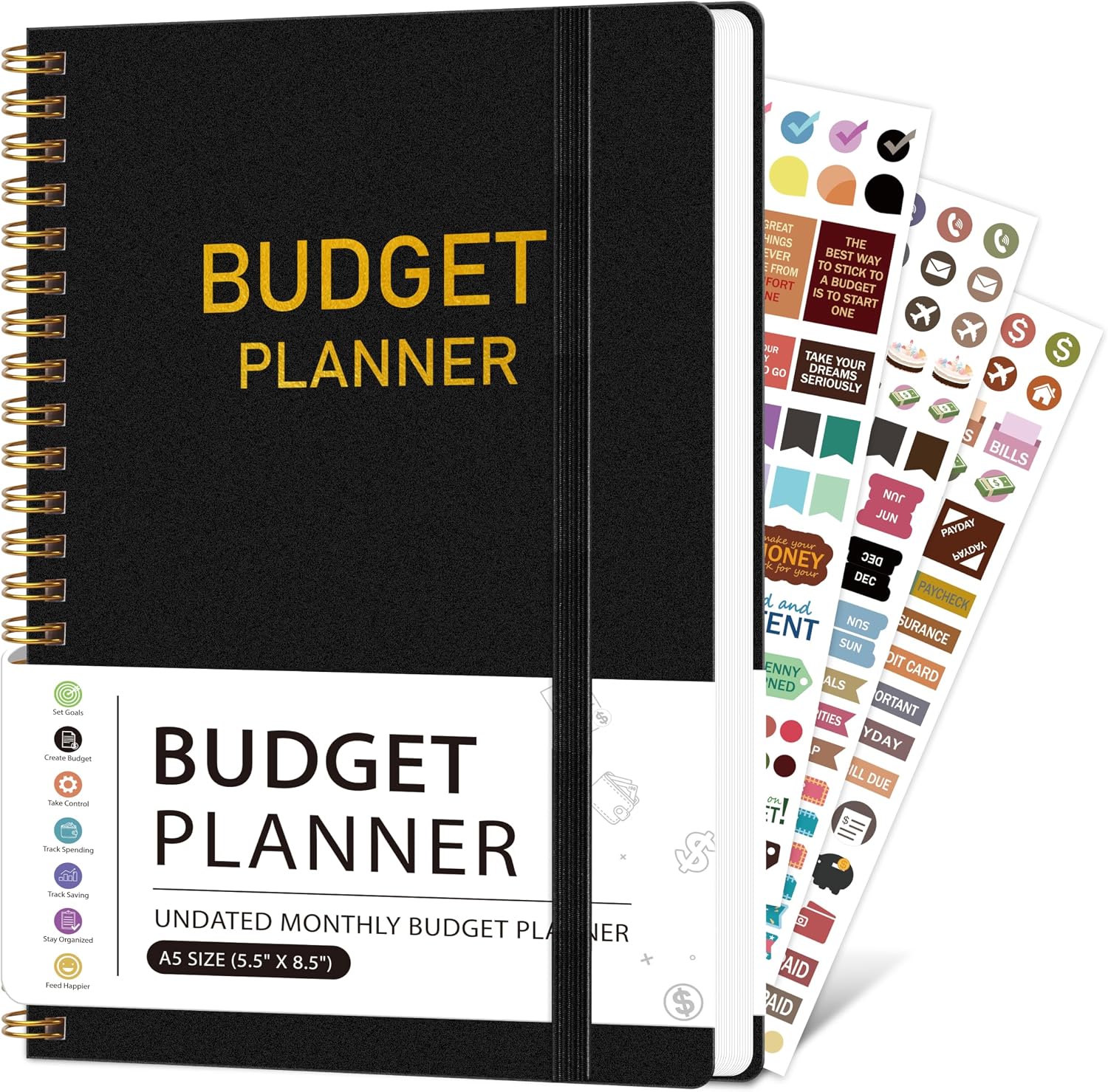 DOURA Monthly Budget Planner, Monthly Budget Book Planner with Expense Tracker Notebook, 5.5″ x 8″, Undated Budget Planner and Bill Organizer with Stickers and Cash Envelopes – Black