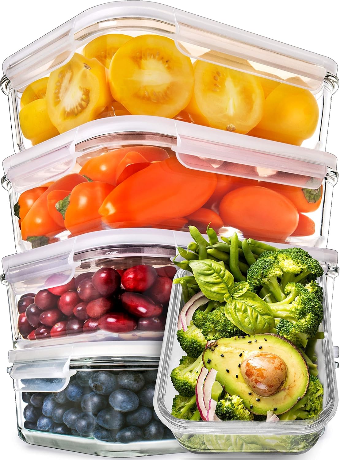 PrepNaturals 5 Pack 30oz Glass Meal Prep Containers – 1 Compartment | Borosilicate Glass Meal Prep Containers – Airtight Leak-Resistant Lids, Microwave, Oven & Freezer Safe (5-Pack, 30 oz)