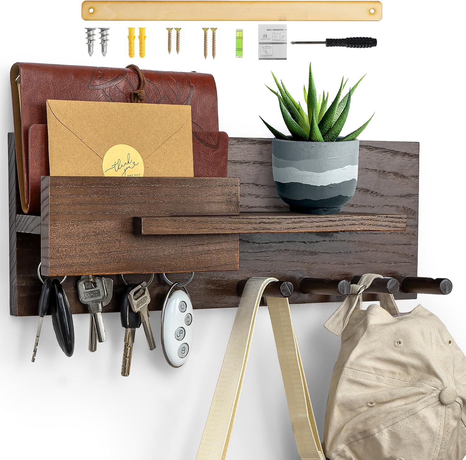 Solid Wood Mail and Key Holder for Wall Decorative Display – Includes Mail Holder, Shelf with Hooks for Keys & Pegs for Hanging Hats, Coats, Bags, Backpacks & More – Sleek Modern Design, Walnut Brown