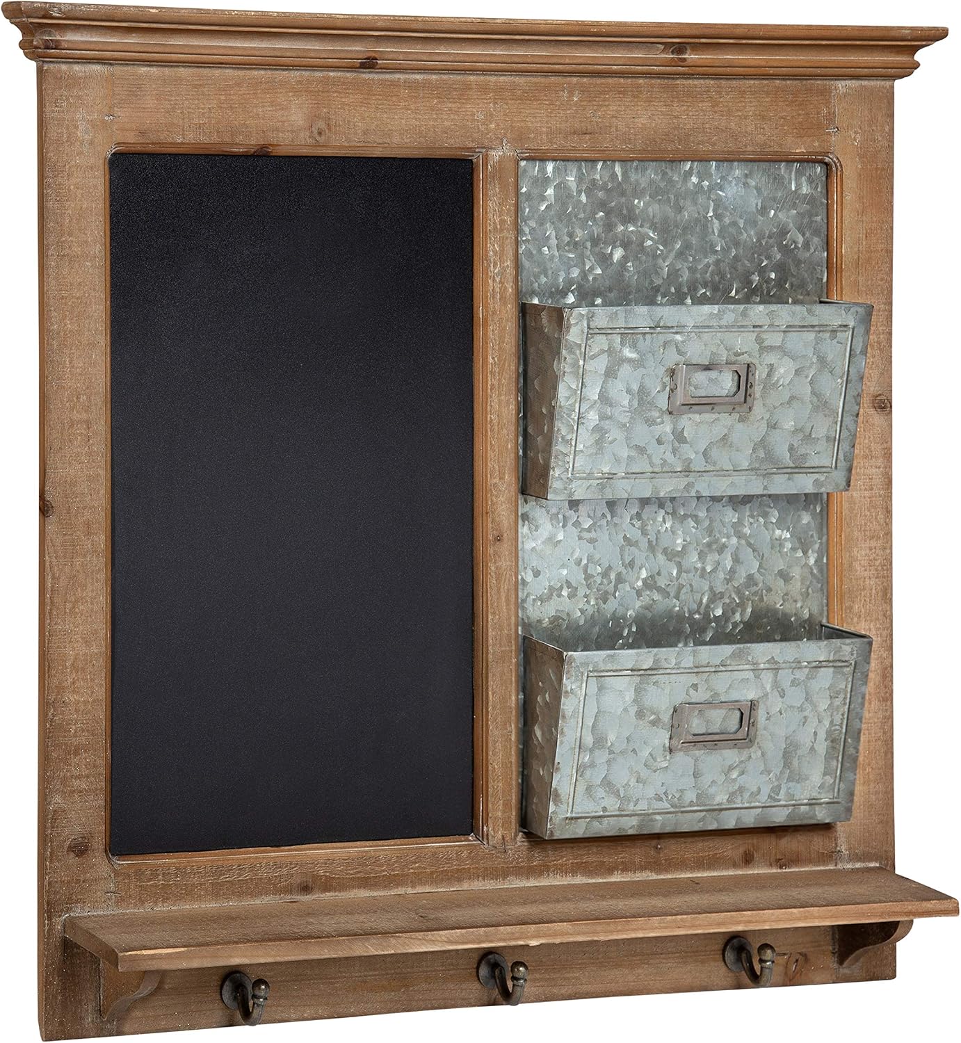Kate and Laurel Idamae Wood Framed Chalkboard Wall Organizer with Mail Holders and Key Hooks, 28″ x 25″, Rustic Brown, Farmhouse-Inspired Chalkboard
