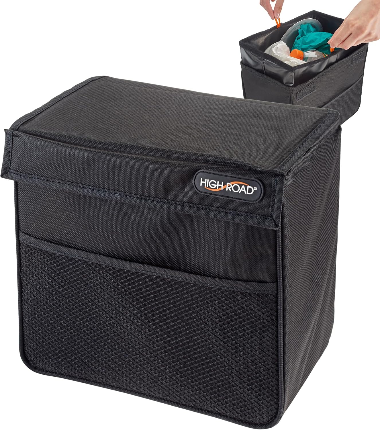 Weighted Car Trash Can with Lid, Storage Pocket and Leakproof Liner | High Road’s Behind Console Car Garbage Can With Bottom Weight, Floor Grips and Removable Easy-Clean Insert