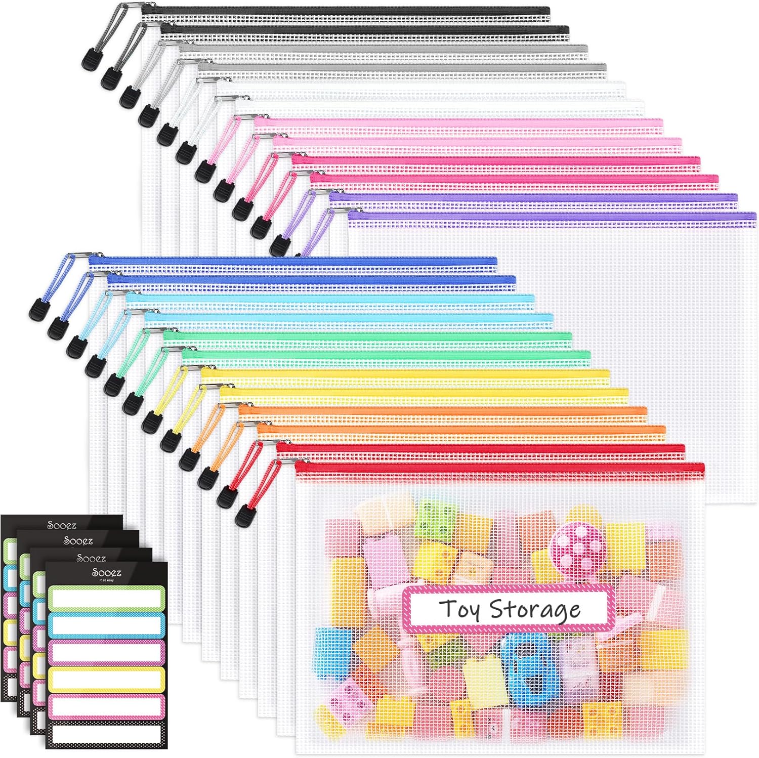 Sooez 24 Pack Mesh Zipper Pouch with Sticky Labels, A4 Mesh Bags Organizer | Sturdy Letter Size File Folders, Office School Classroom Teacher Supplies, Toy Storage Bag Board Game Puzzles Organization