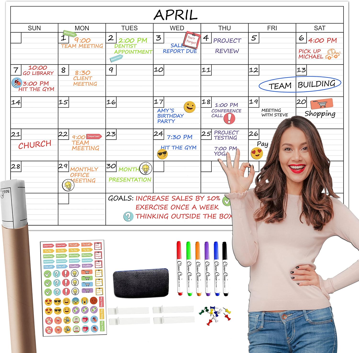 Large Dry Erase Wall Calendar – 24″x 36″ Undated Monthly Calendar for Home, Office, Classroom – Reusable Laminated Task Organizer