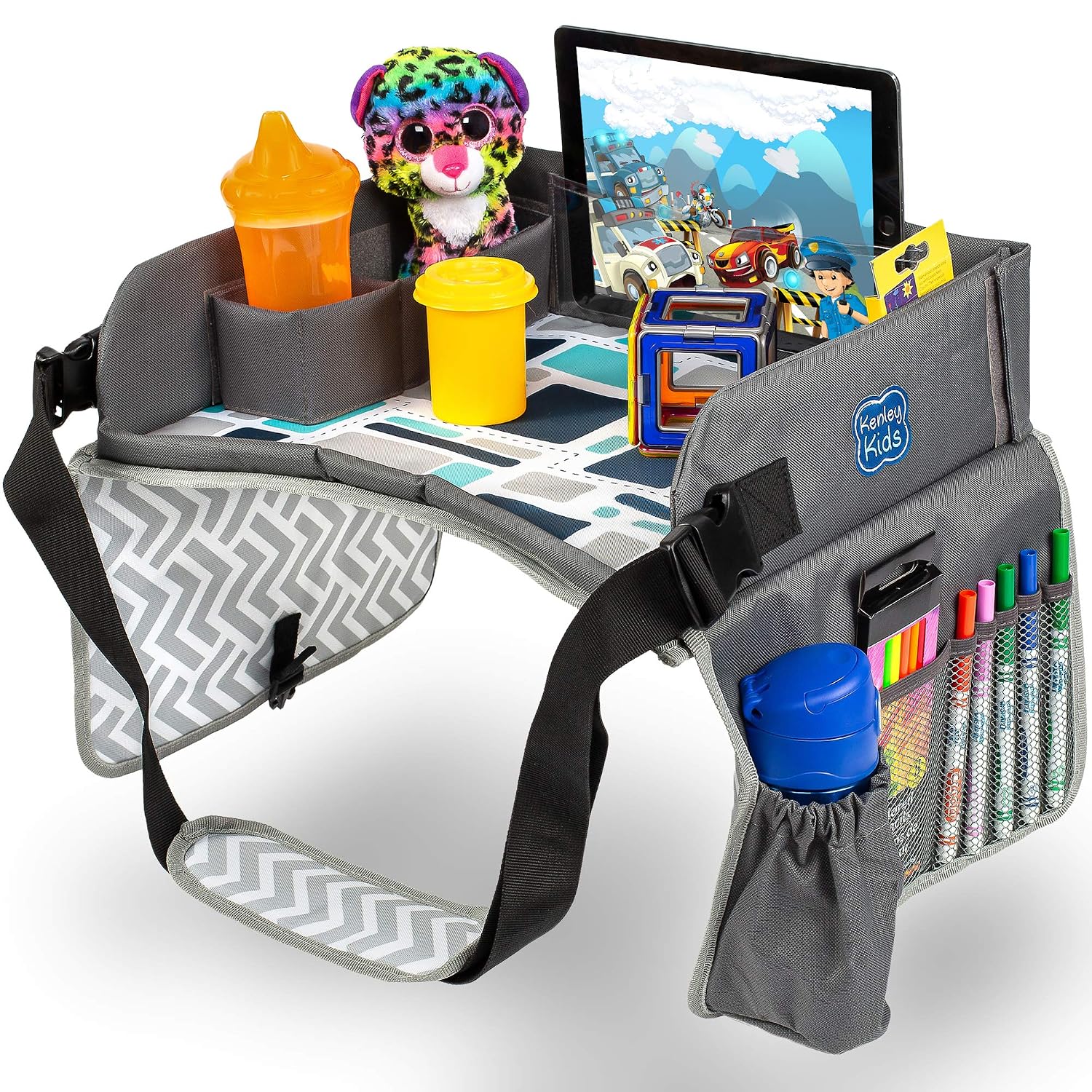 Travel Tray, Toddler Car Seat Lap Tray, Road Trip Essentials Activity Table (Blue/Gray)