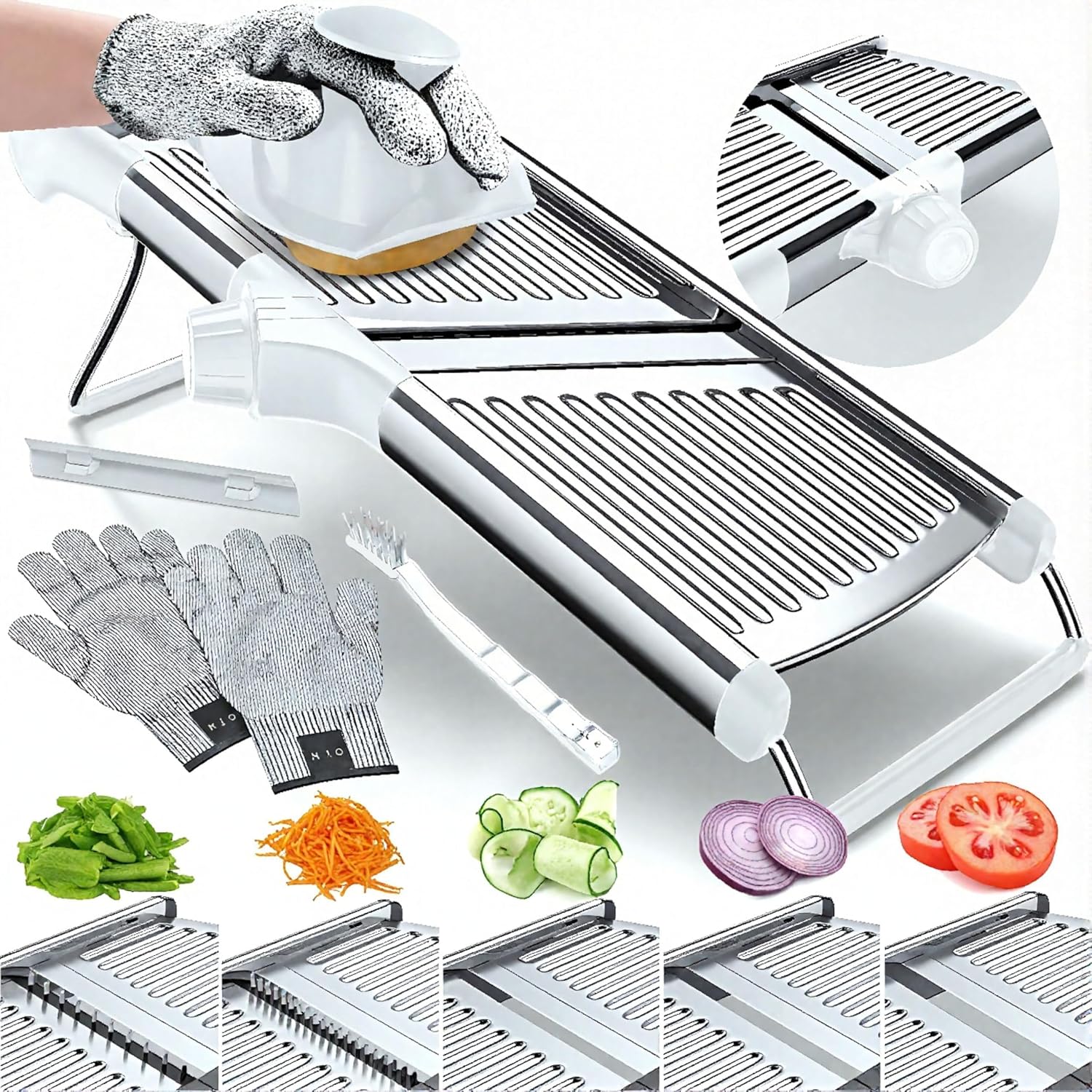 Gramercy Adjustable Mandoline Food Slicer, Mandoline Slicer for Kitchen, Mandolin, Potato, Tomato, Carrot, Vegetable, Fruit and Onion Cutter, Stainless Steel, INCLUDING Cut-Resistant Gloves, White PRO