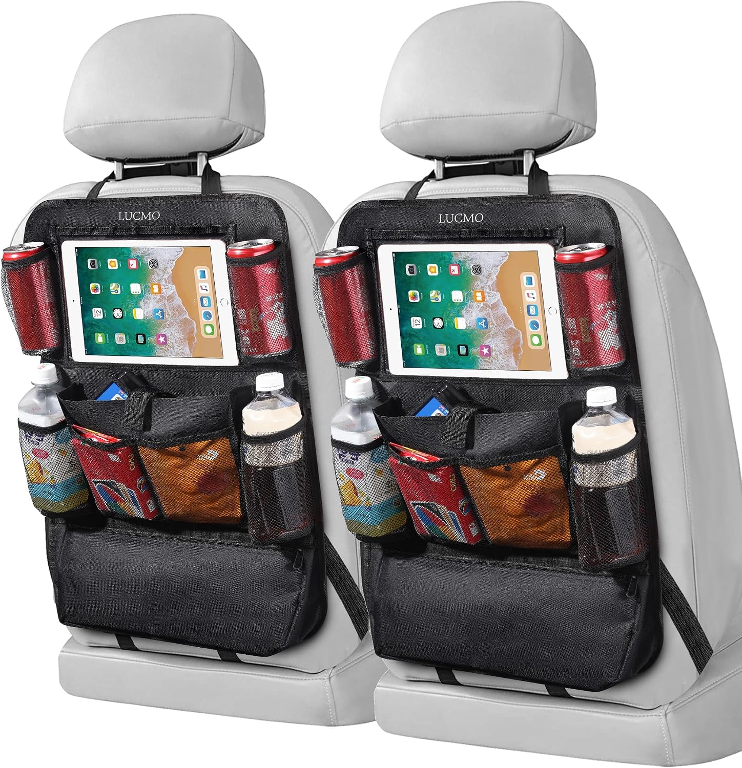 LUCMO Car Backseat Organizer with Touch Screen Tablet Holder, Black | 2 Pcs,9 Storage Pockets,Clear Tablet Holder,Protectors Kick Mats,Travel Accessories,Seat Cover,Road Trip Essentials