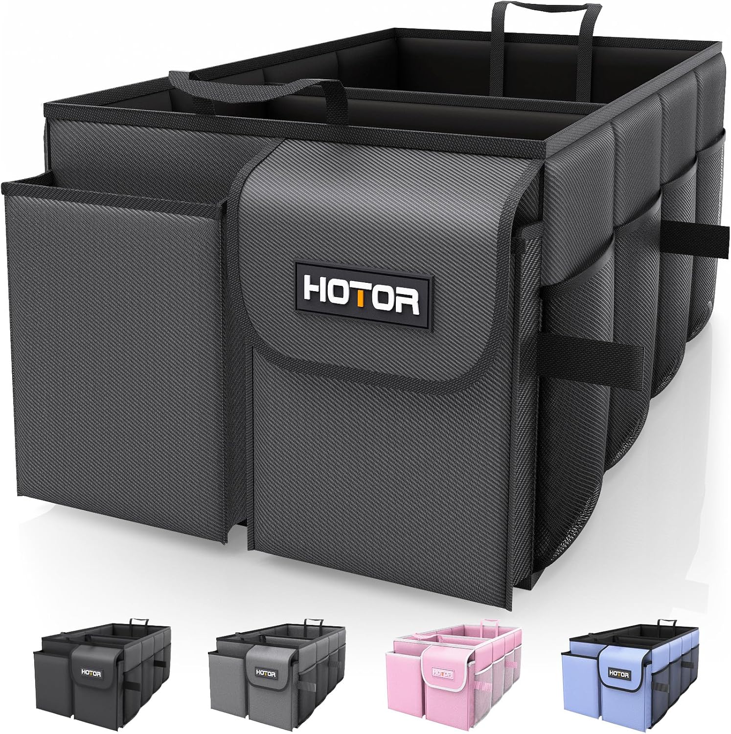 HOTOR Trunk Organizer – Foldable Car Organizer for SUVs & Sedans Storage | Sturdy Car Organization for Men & Women, Car Accessories, Tools, Sundries, Black, 2 Compartments, 23.6″ x 14.2″ x 10.6″
