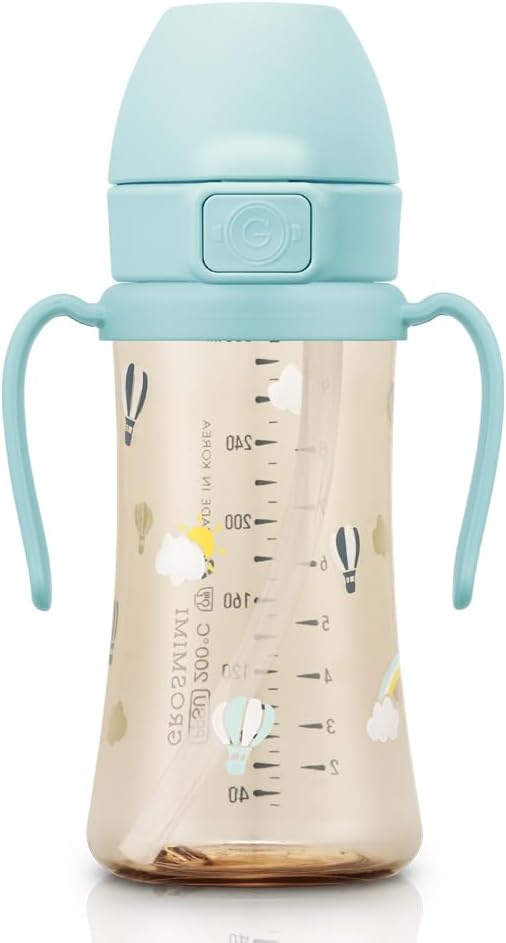 GROSMIMI PPSU Baby Straw Cup Stage 2, 12M+, Spill-Proof, 10oz (Air Balloon) | Flip-Top | Babies & Toddlers 12+ Months | Removable Rotating Handles | Silicone Straw | BPA-Free Sippy Cup | 300ml