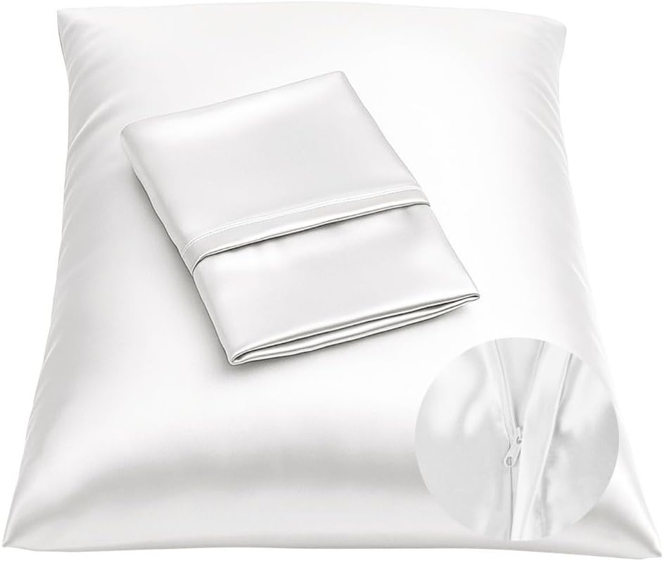BLISSFORD Satin Pillowcase with Zipper for Hair and Skin Care, Feels Soft and Cool Like a Silk Pillowcase, White Satin Pillow Cases 2 Pack, Slik Pillow Cover, Standard Size – Set of 2