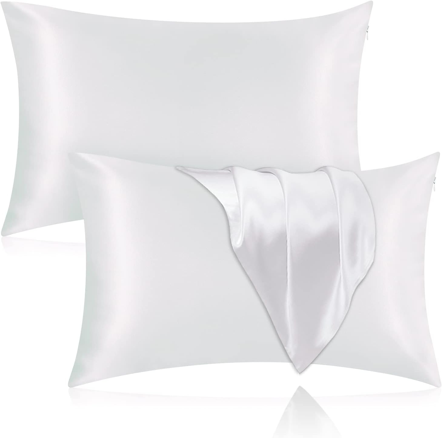 Silk Pillowcase for Hair and Skin, 2 Pack 100% Mulberry Silk Pillowcase 25 Momme, 600 Thread Count, Both Side Pure Silk Pillow Cover with Hidden Zipper (White, Standard 20”×26”)