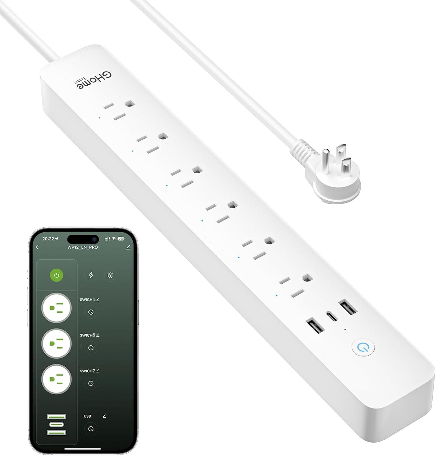 GHome Smart Power Strip with Energy Monitoring, 6 WiFi Outlets & 30W USB-C Fast Charging, Works with Alexa & Google Home, Flat Plug Power Strip, 2.4GHz WiFi Only, No Hub, 7.2ft Extension Cord