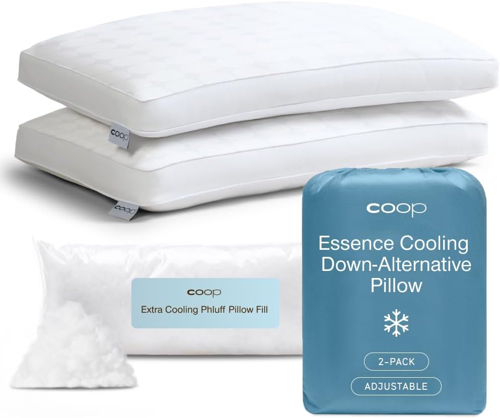 Coop Home Goods Essence Cooling Down Alternative Pillows Set of 2, Queen Size Adjustable Cooling Pillow for Hot Sleepers, Cool-Touch Luxury Hotel Pillows for Stomach, Back, or Side Sleepers 27×17
