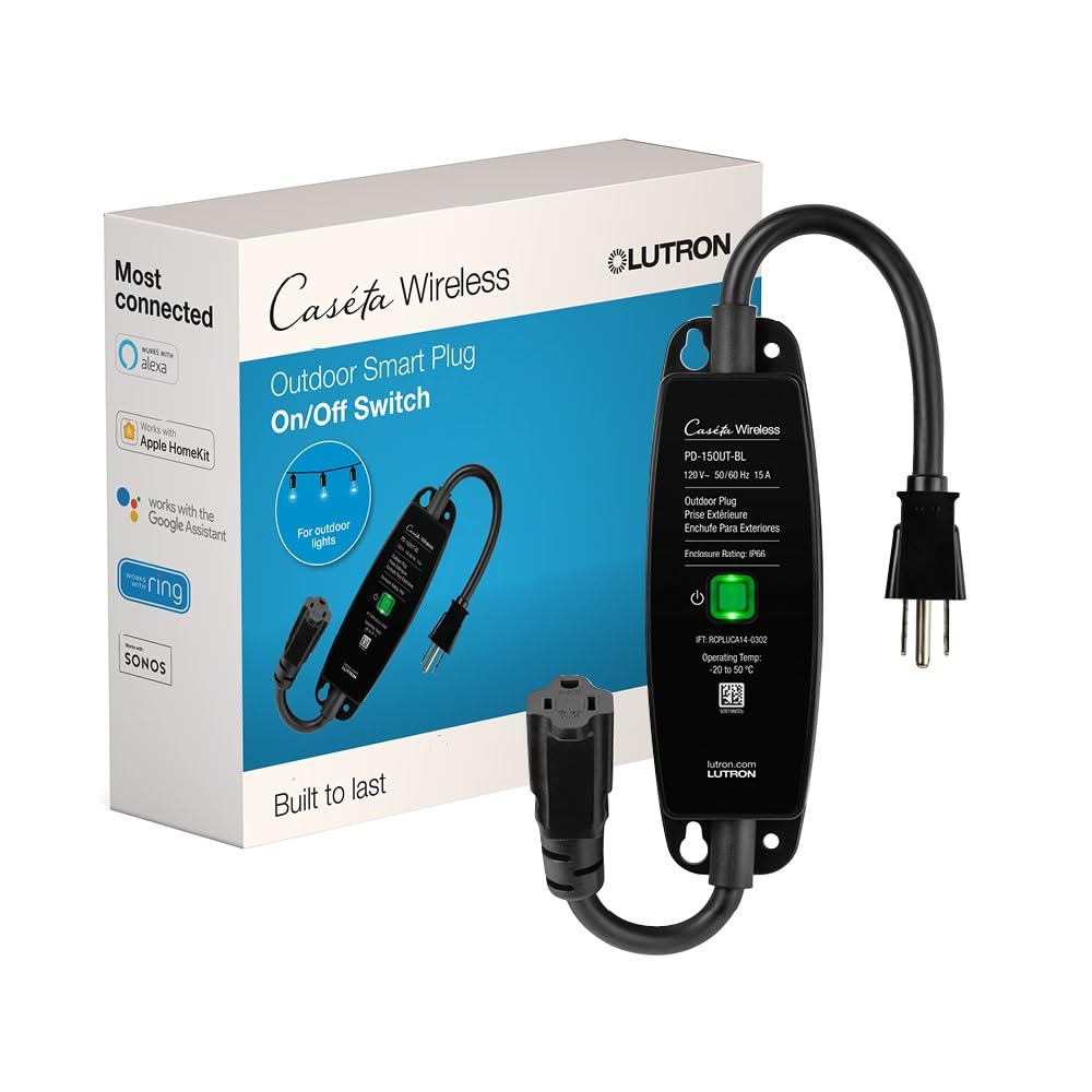 Lutron Caseta Smart Outdoor Plug for Lights and Motors (Smart Hub Required) | Smart Outdoor Plug for Patio, Backyard, Outdoor Lights, Waterproof, Built to last, All year round timer, PD-15OUT-BL, Black