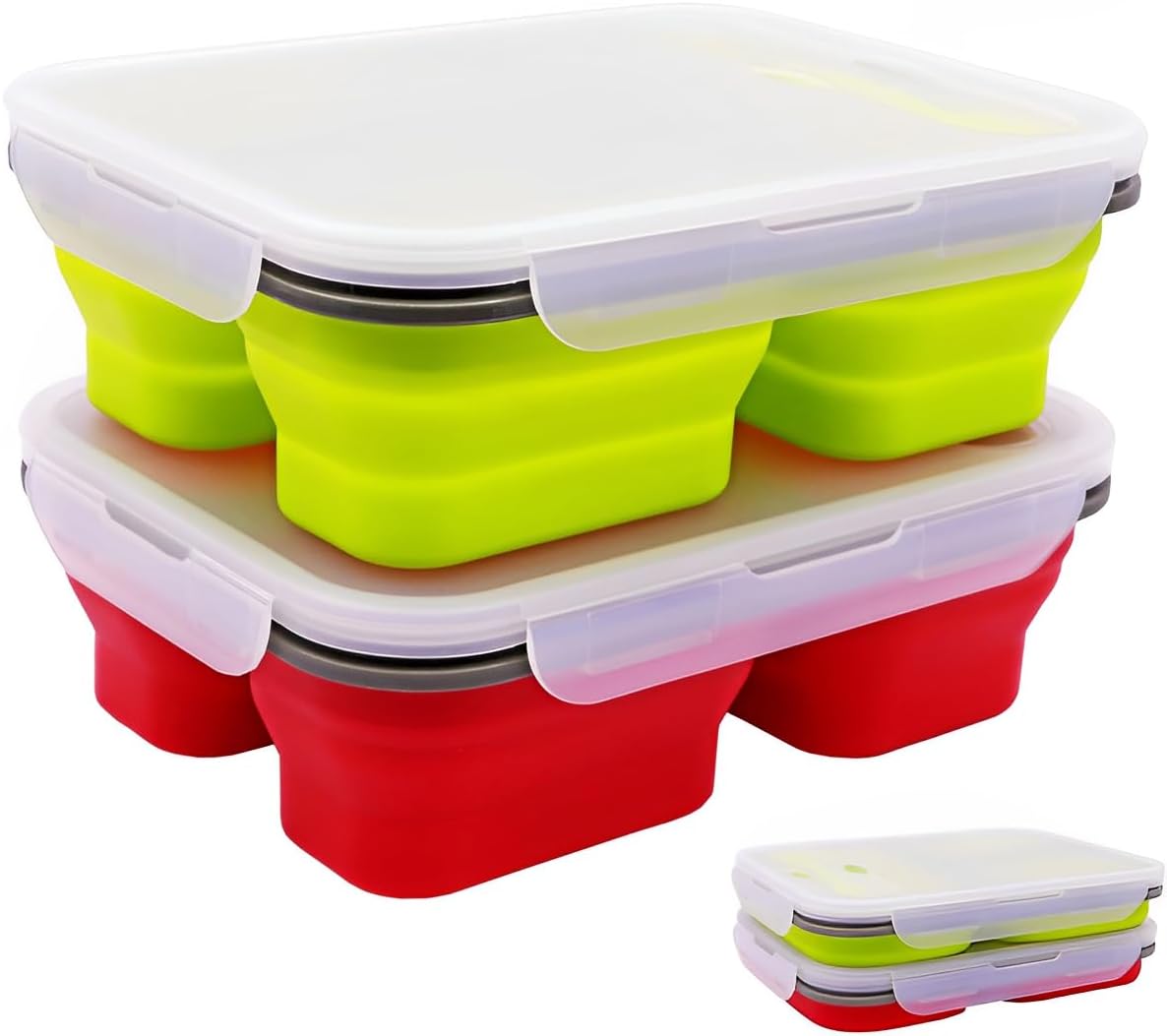 2 Pack Big Size Collapsible Silicone Bento Lunch Boxes With Lids Spoons Forks,3 Compartments, Divided Lunch Food Storage Containers, Safe in Microwave, Dishwasher and Freezer, 45.6oz, BPA Free