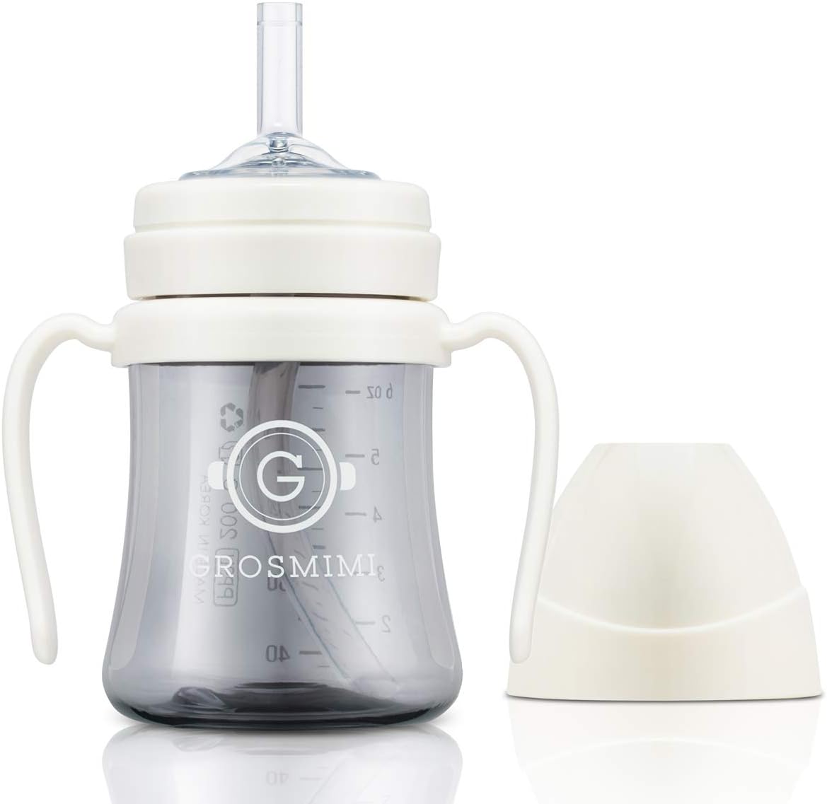 GROSMIMI Spill Proof no Spill Magic Sippy Cup with Straw with Handle for Baby and Toddlers, Customizable, PPSU, BPA Free 6 oz (White) | Babies & Toddlers 6+ Months | Removable Rotating Handles | Silicone Straw | Heat-Resistant | BPA-Free Sippy Cup | 200ml