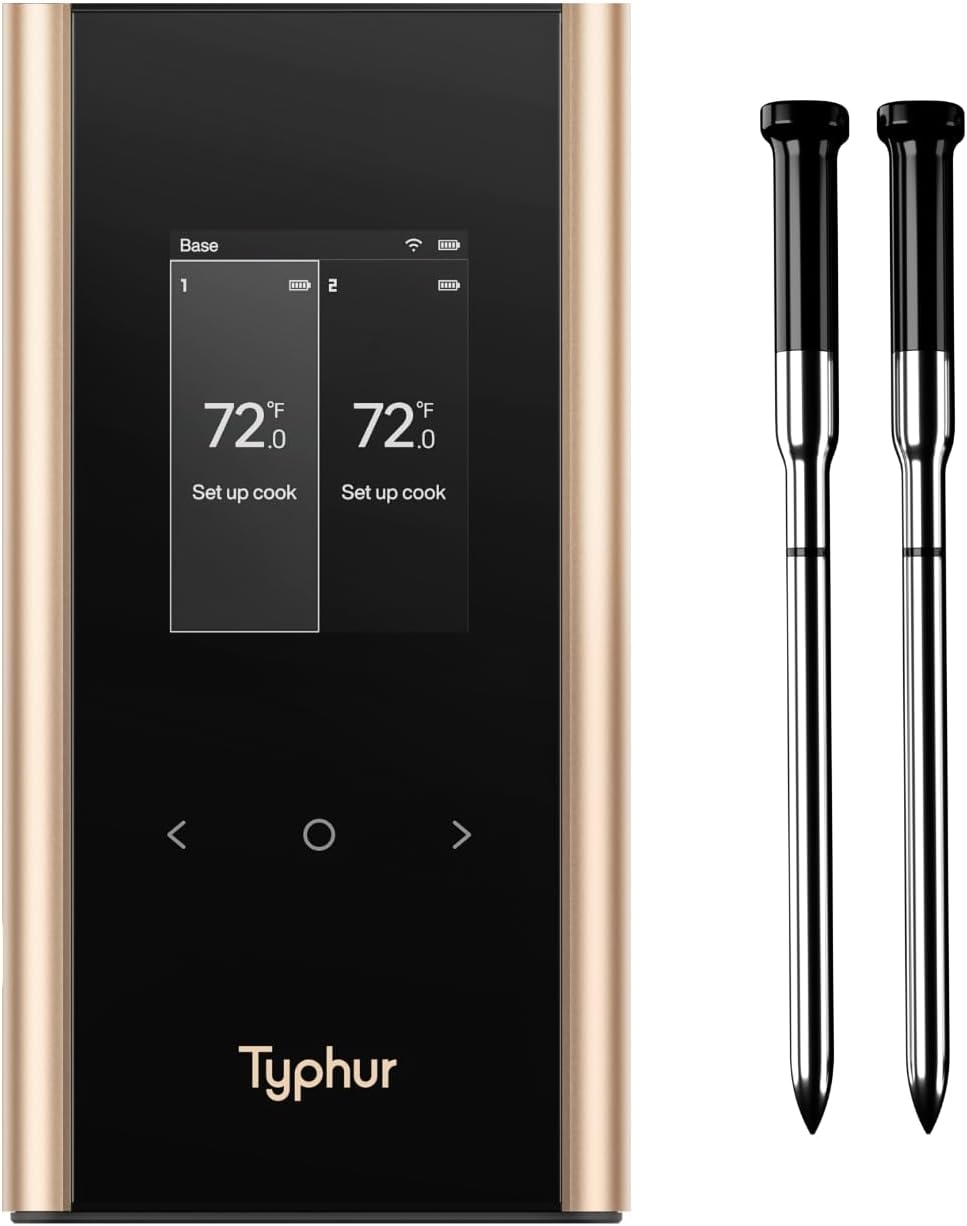 Typhur Sync Gold Wireless WiFi Meat Thermometer, 2 Slim Probes, Smart Base | 6-Sensor Probes, ±0.5℉ Accuracy, 10X Stronger Signal, Reliable Reading Through Kamado Grill, for BBQ Oven Smoker Air Fryer