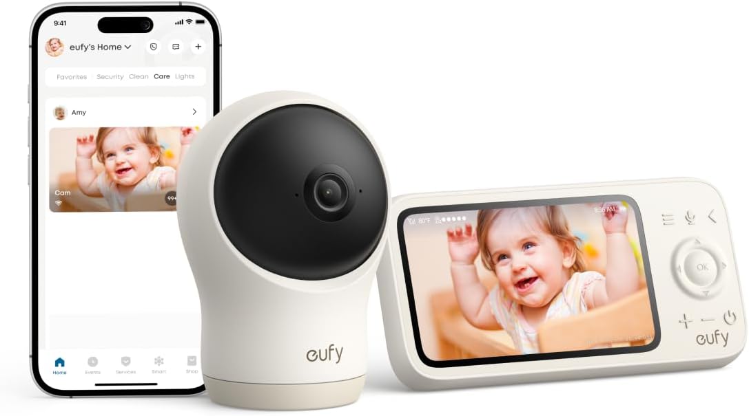eufy Security Baby Monitor C10, 2K Camera, 4.5″ 480p Display, No Wi-Fi | No Subscription Fee, Wi-Fi & No Wi-Fi, 4x Zoom, Pan-Tilt, Night Vision, 12H Battery, Motion/Noise Alerts